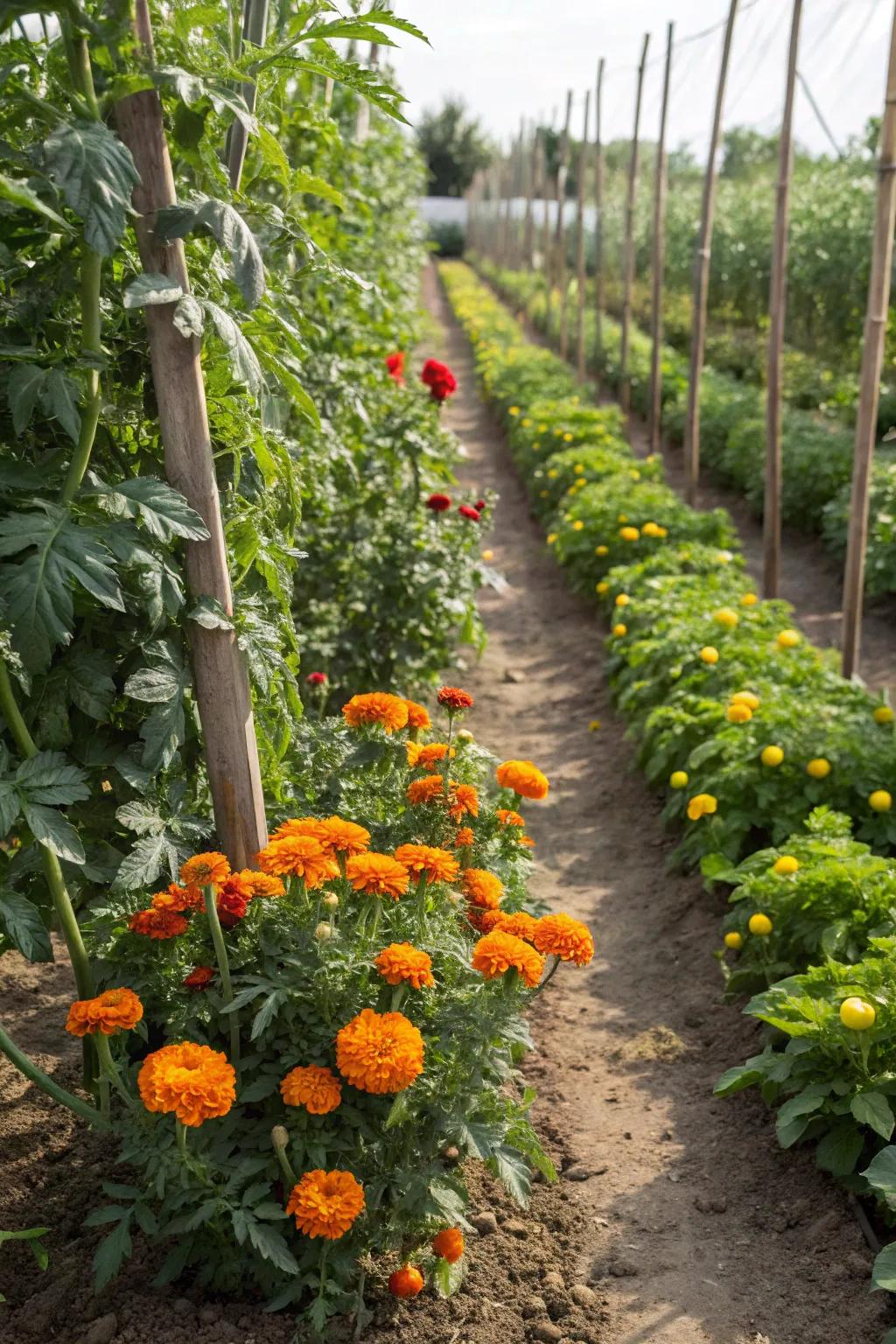 Marigolds companion planting with tomatoes.