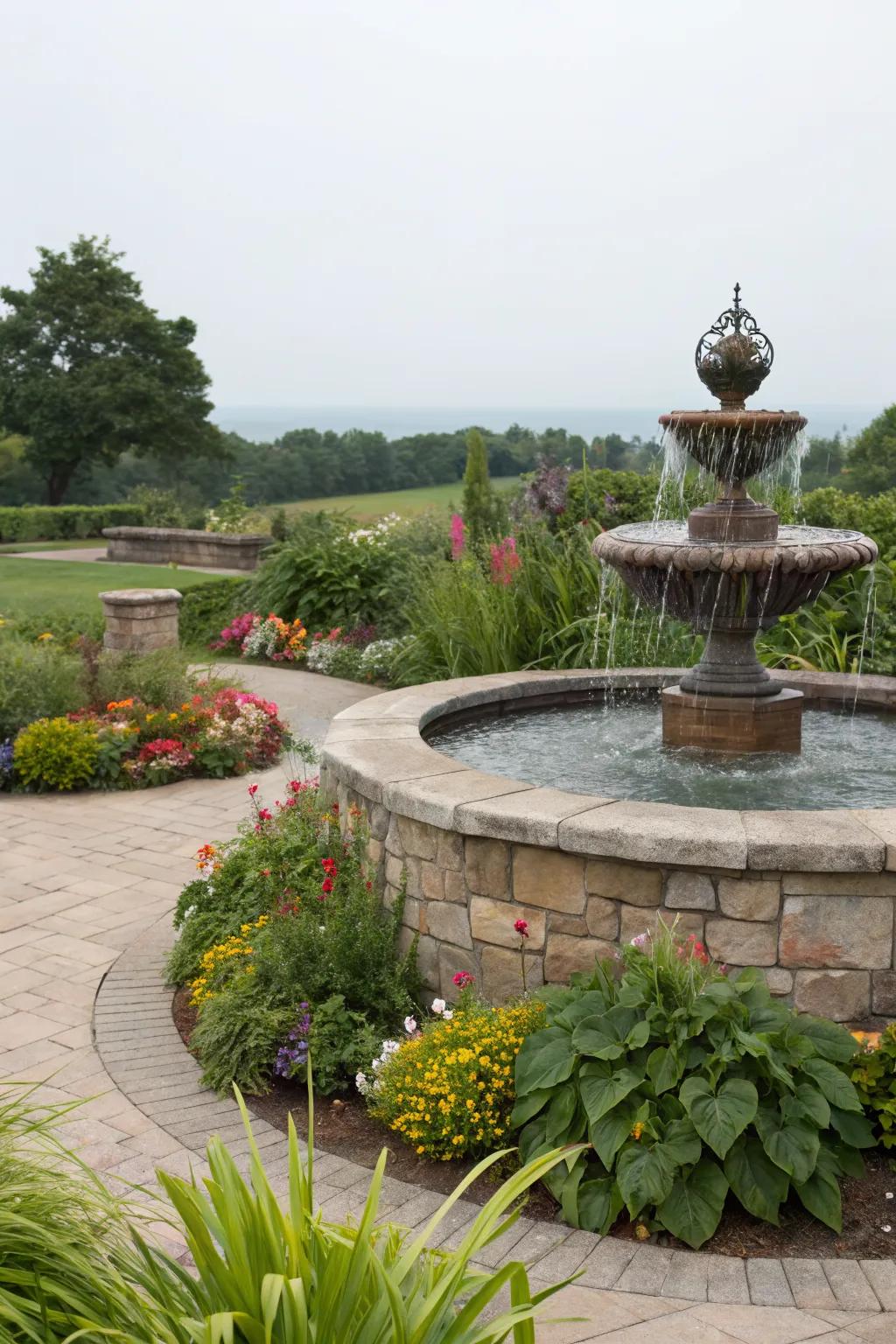 A circular stone base provides a classic touch to any garden fountain.