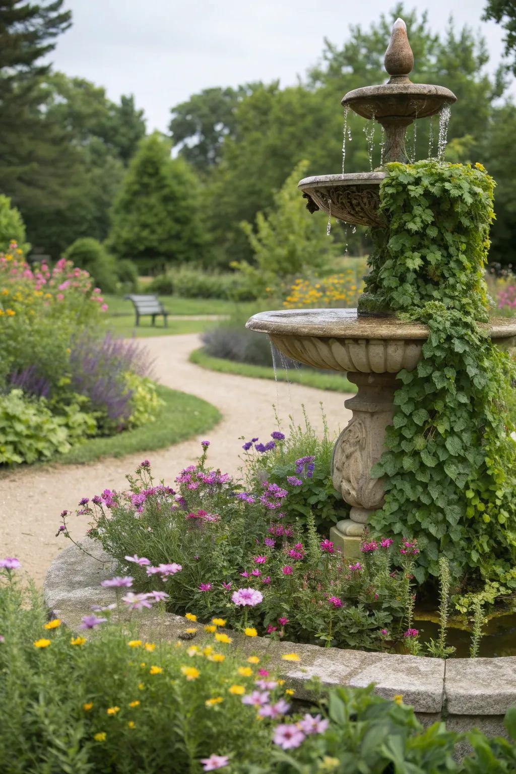 A natural stone fountain nestled among colorful wildflowers and ivy.