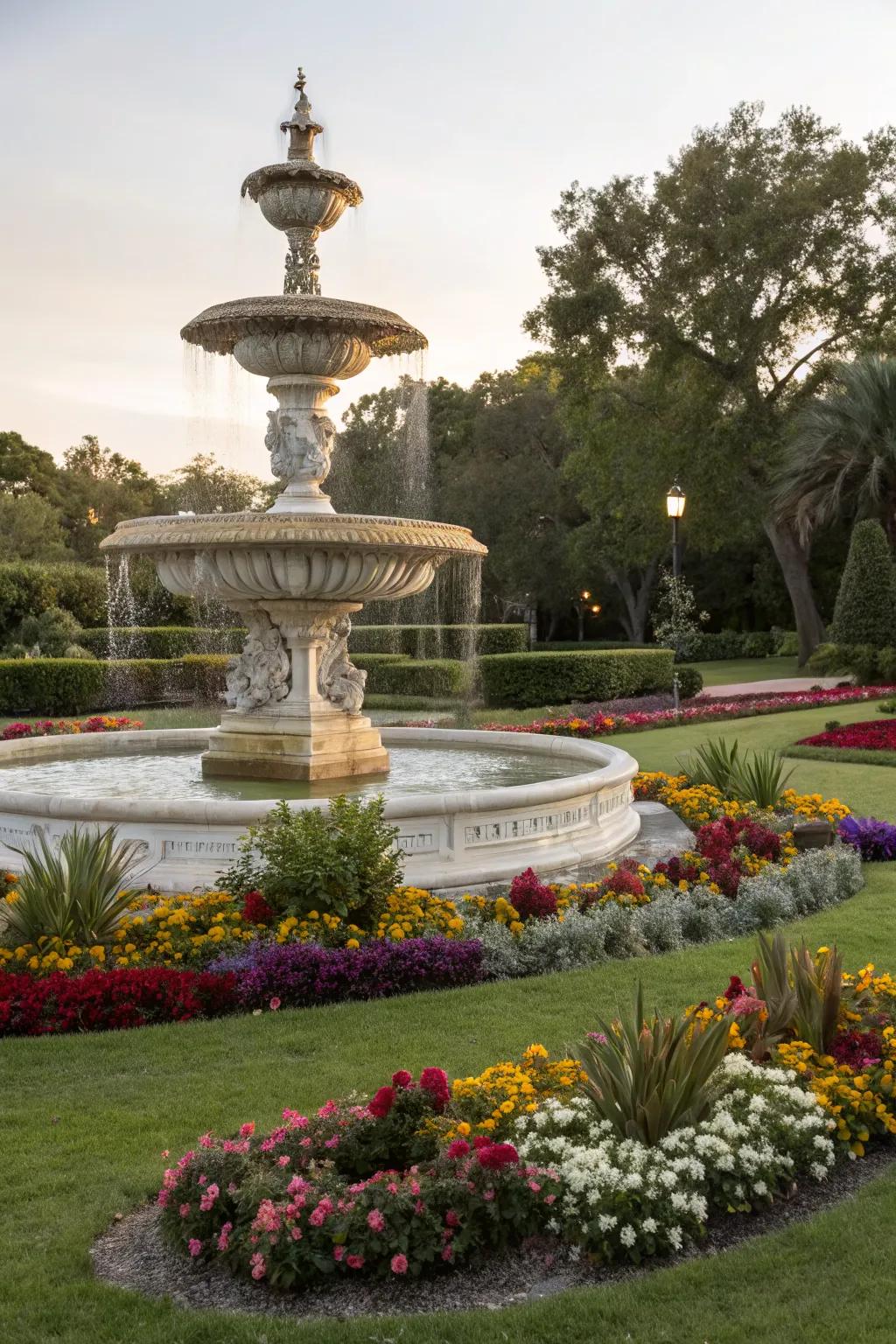Classic multi-tiered fountain in a colorful garden.