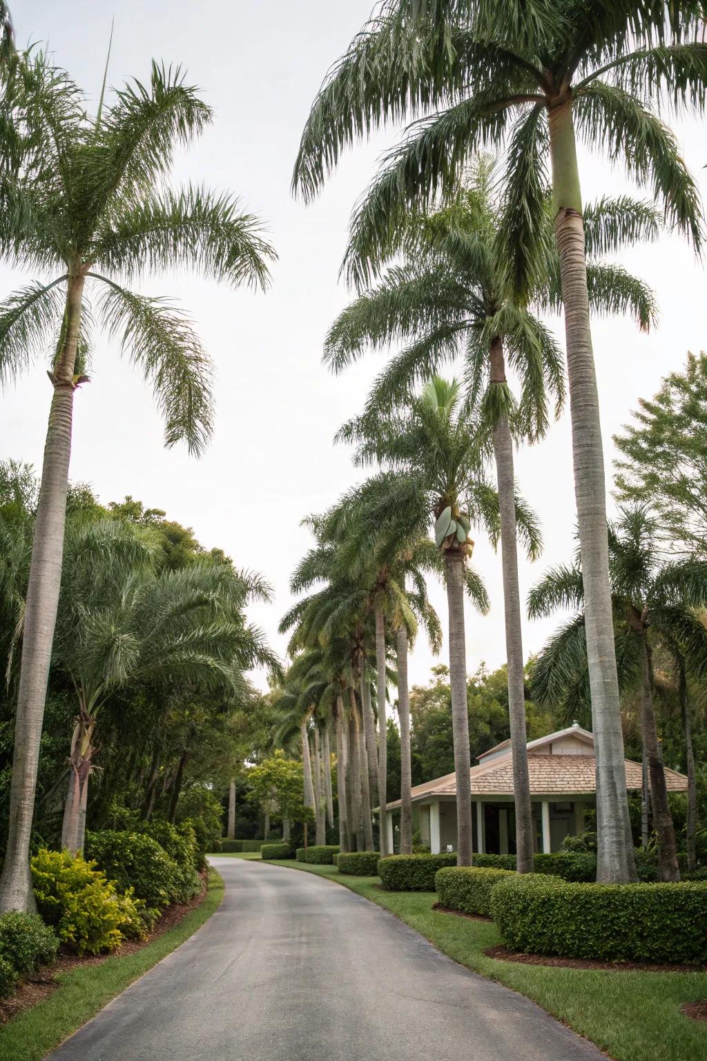 A tropical entrance with foxtail palms lining the driveway.