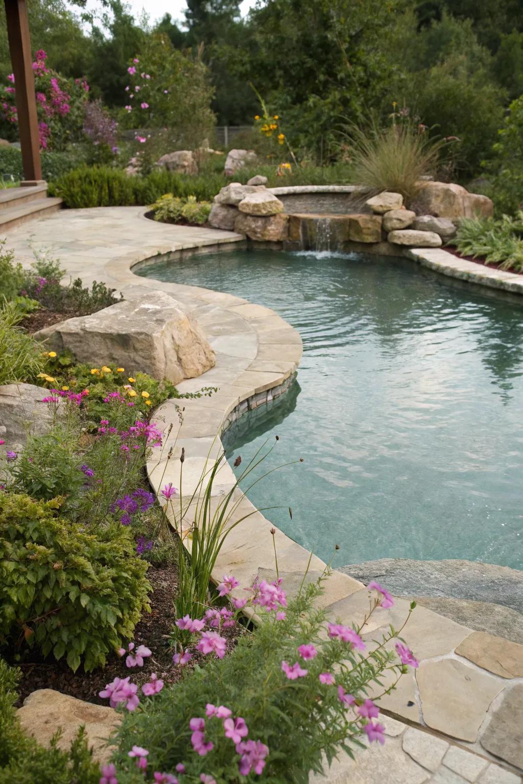 A free form pool with gentle, flowing curves.