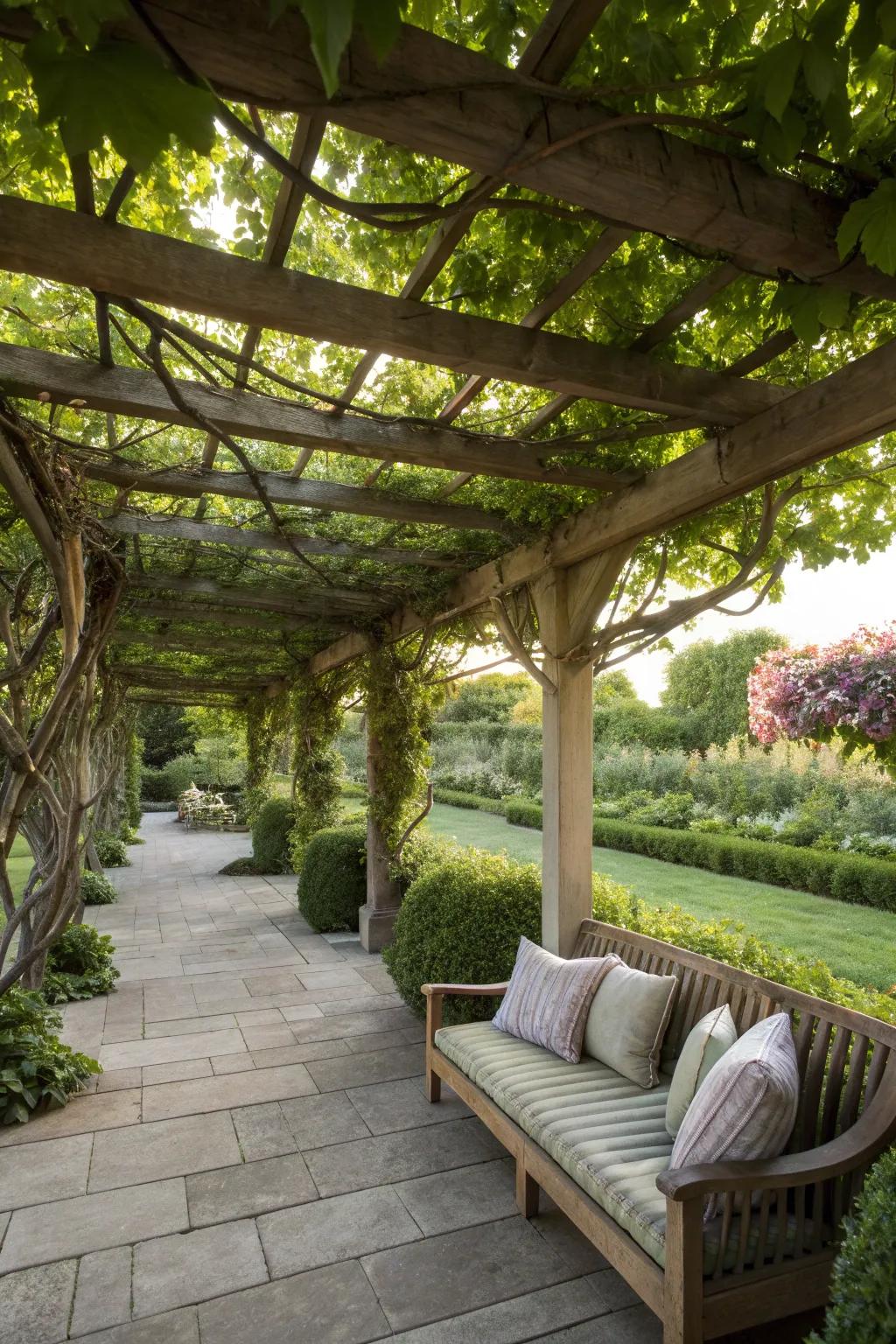 A wooden pergola adorned with greenery, creating a natural retreat.