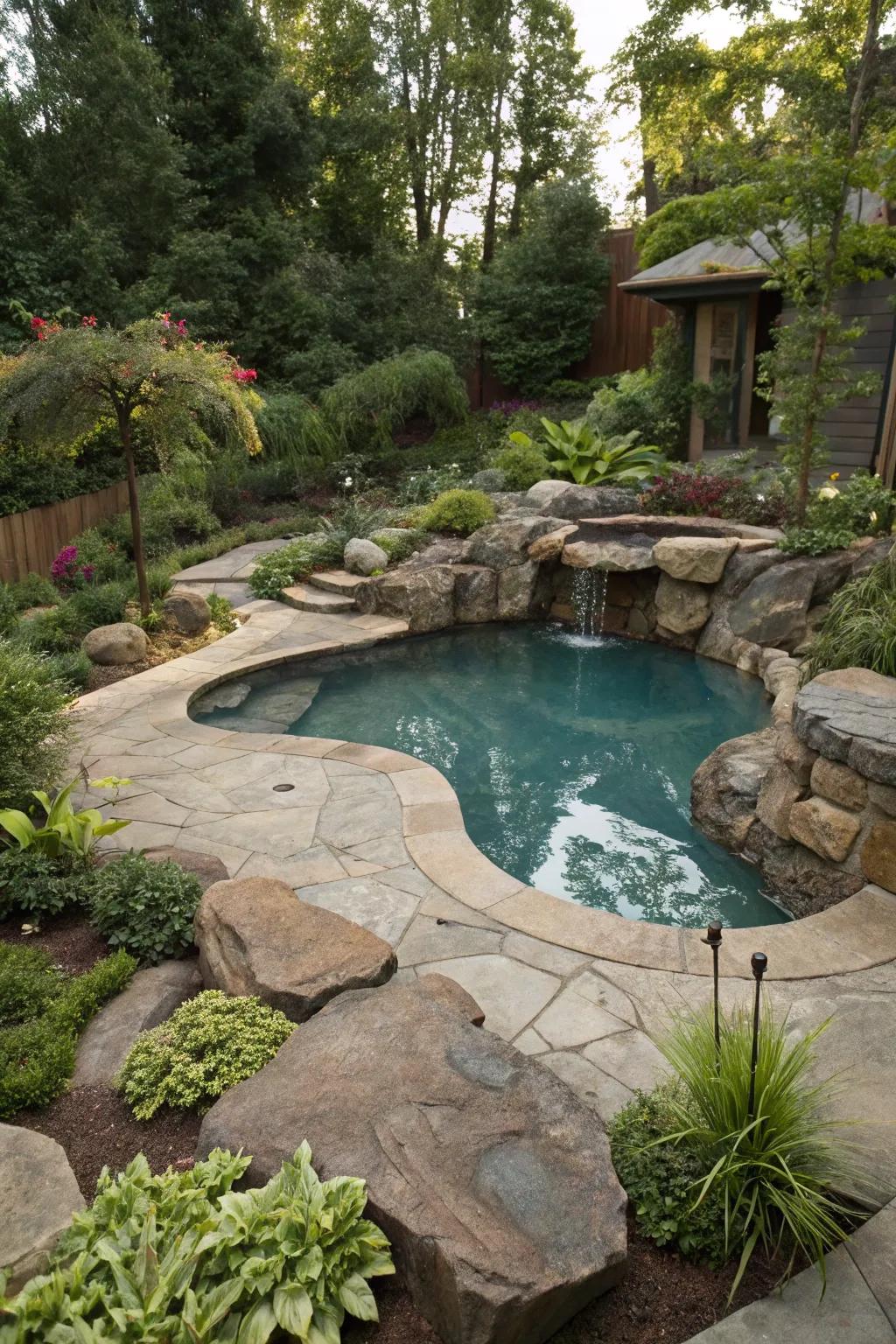 A freeform pool with an irregular shape that blends seamlessly into a garden setting.