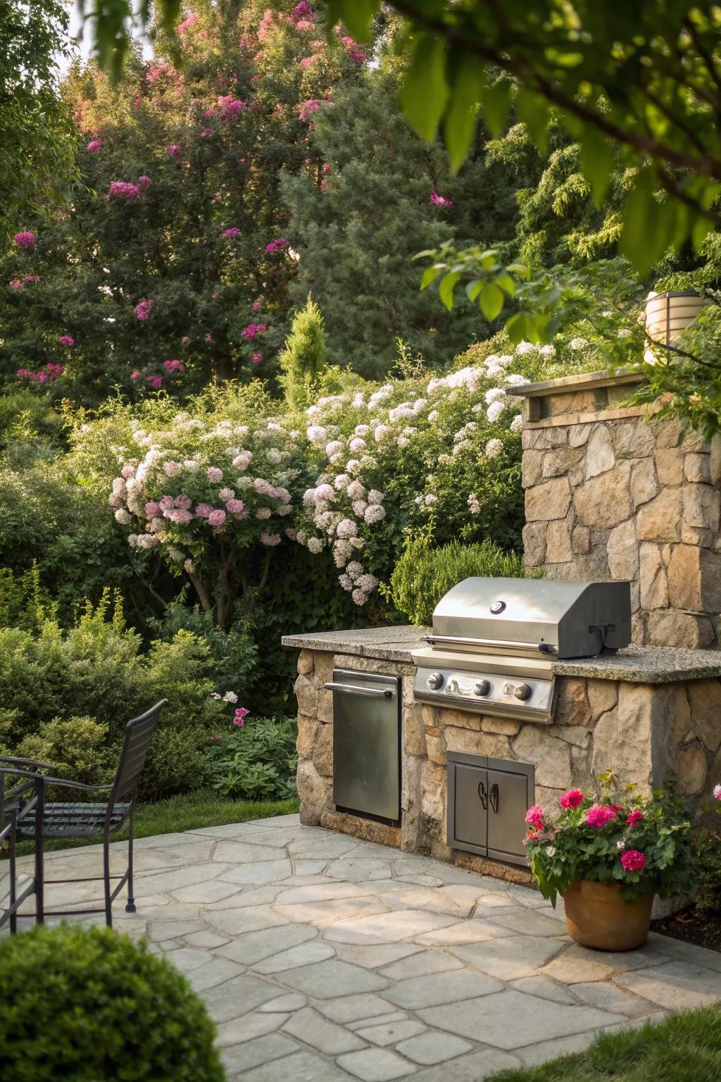 A stone grill surround complements any natural outdoor setting.