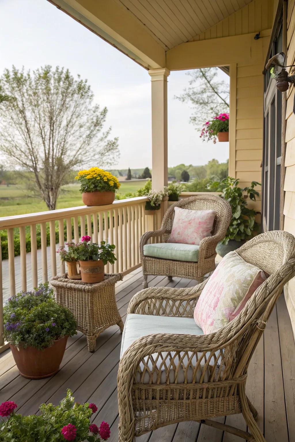 Wicker chairs with pastel cushions offer a cozy seating option.