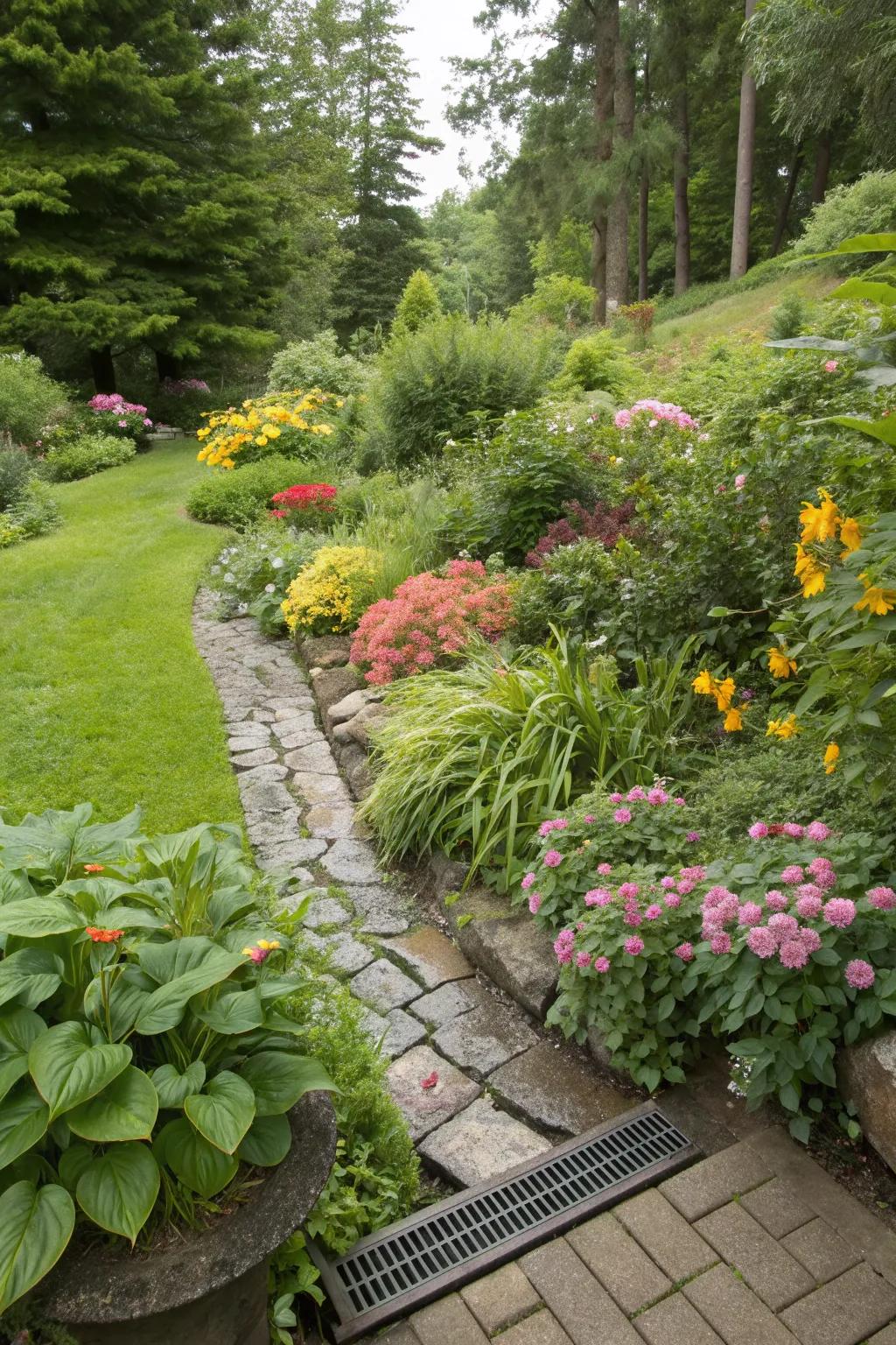 A lush garden enhanced with a discreet French drain.