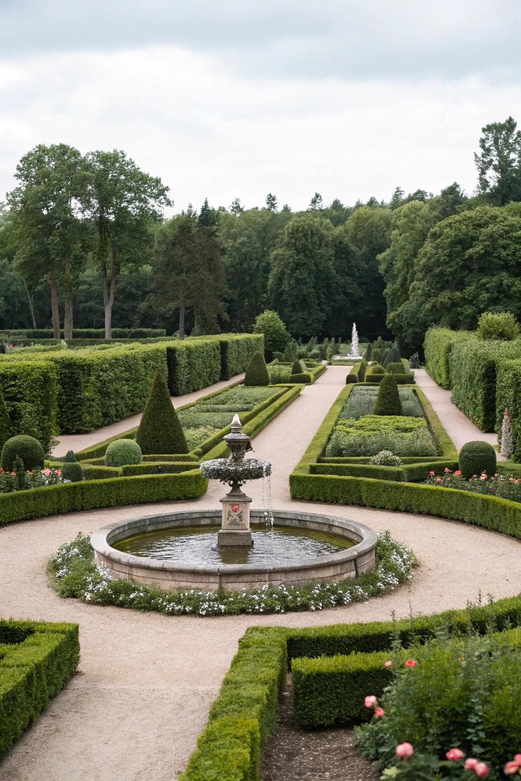 A symmetrical garden design with a calming water feature.