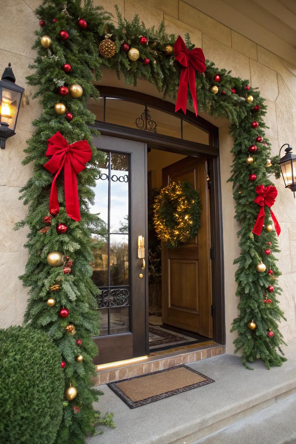 A classic garland with red bows and gold ornaments creating a timeless entrance.