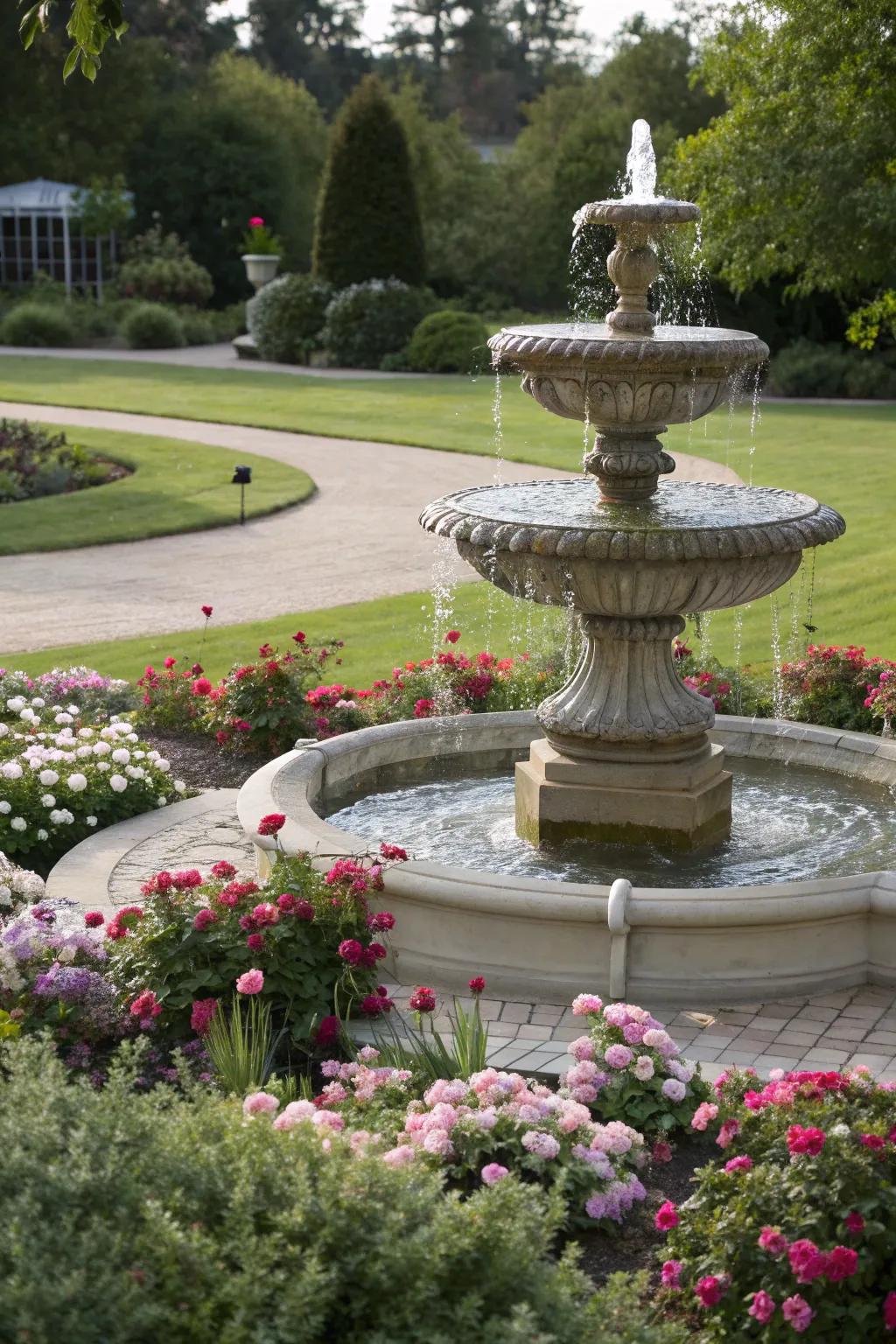 A classic tiered fountain provides a touch of elegance to any entrance.