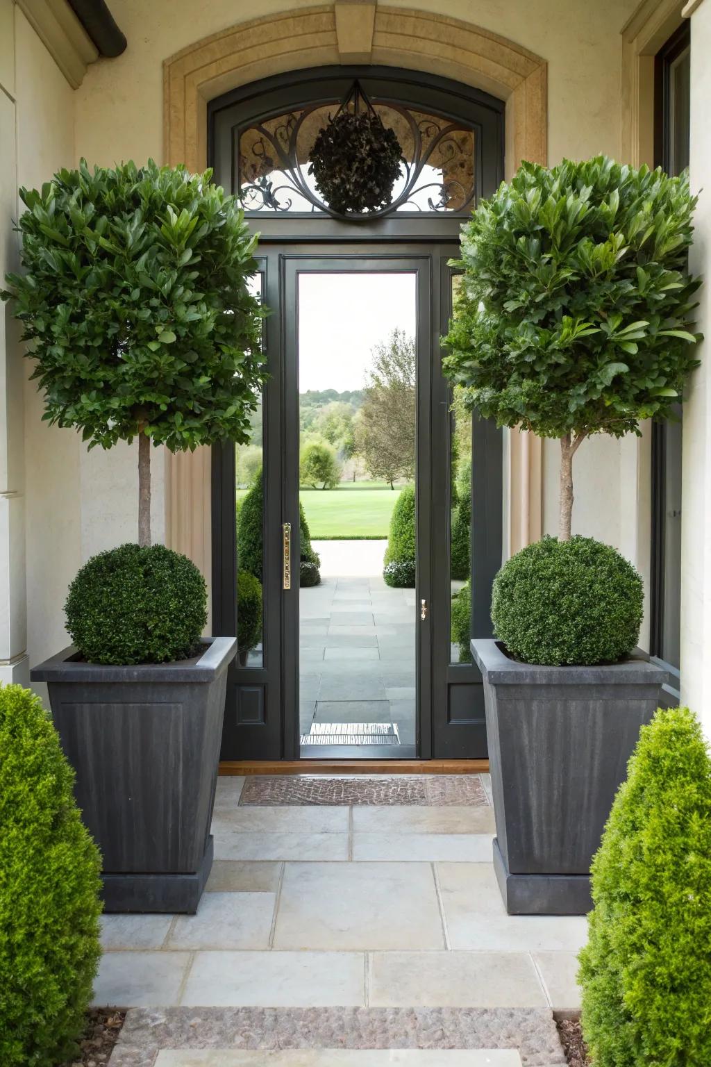 Symmetrical planters with lush greenery create a classic entryway.