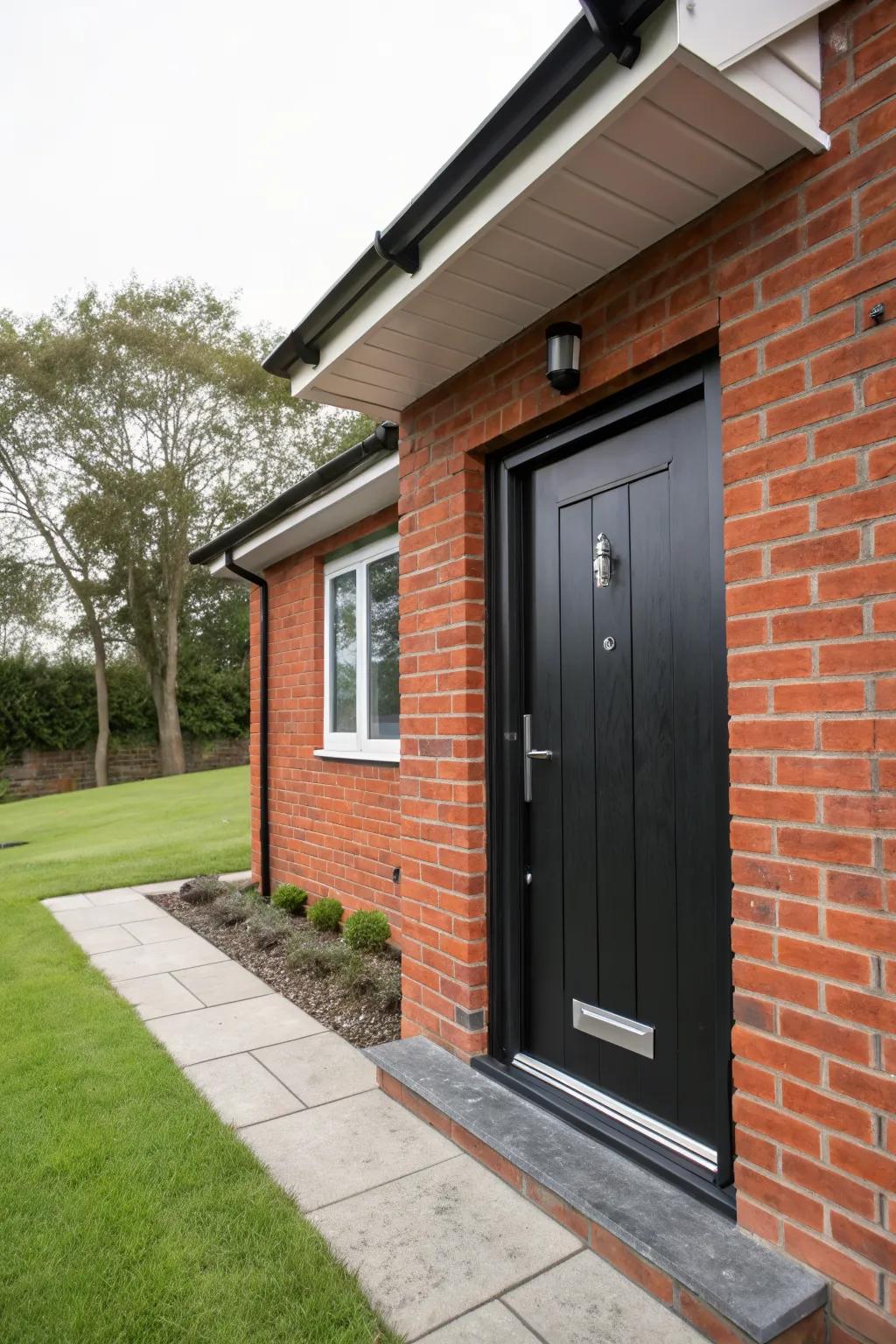 A black front door stands out beautifully against a brick exterior for a timeless look.