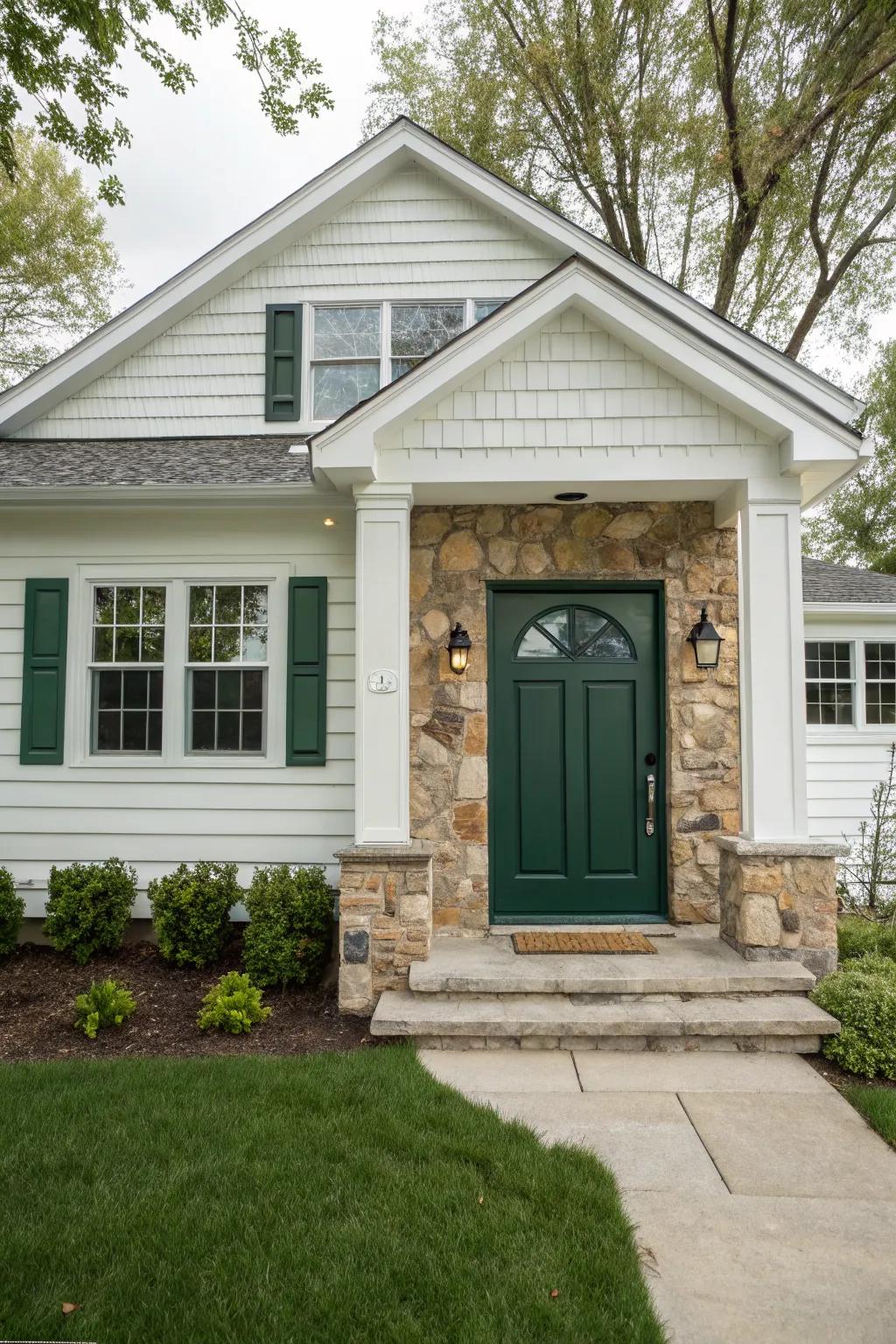 Deep green front door adding a natural touch to a home's facade.