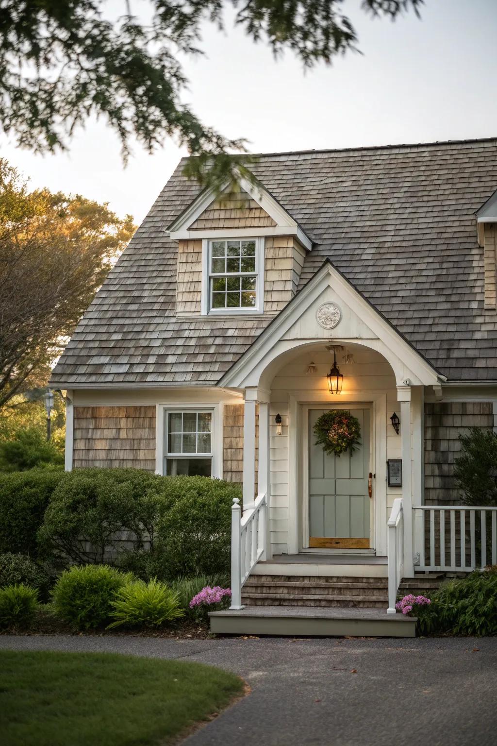 A classic gabled roof enhances this Colonial-style entrance.
