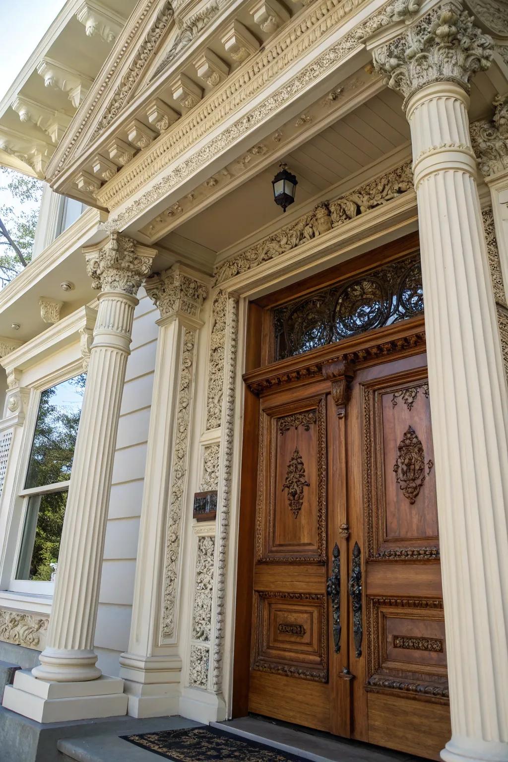 A front door beautifully framed with detailed trim and molding.