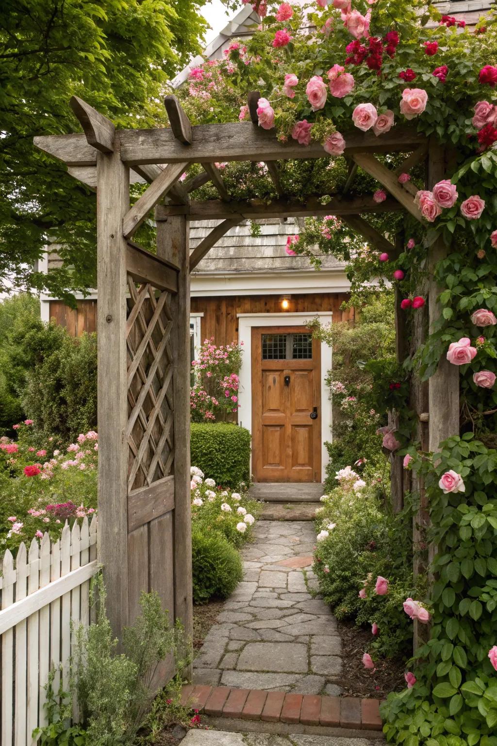Classic wooden trellis with climbing roses for a timeless look.