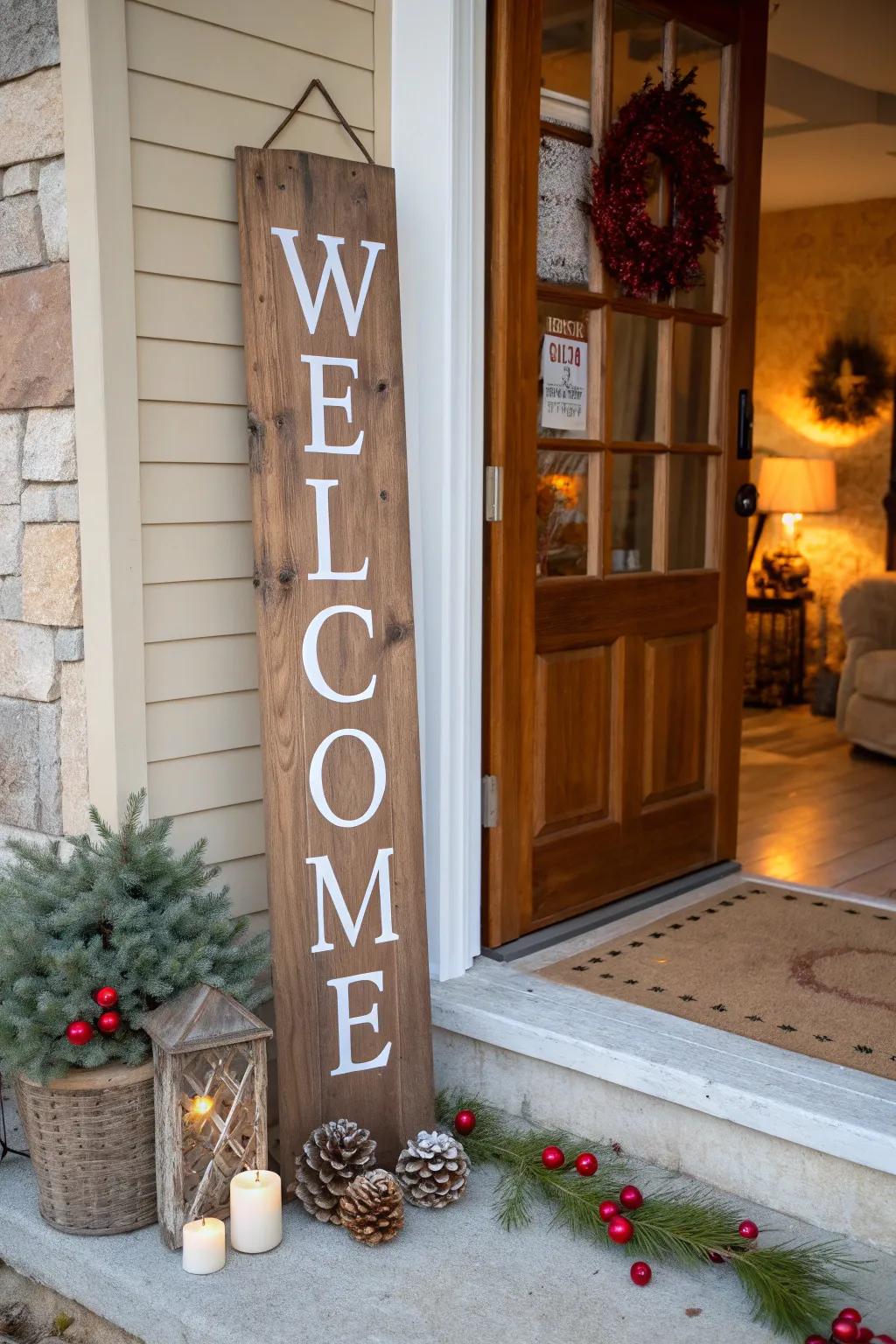 A vertical wooden sign adds height and charm to any entrance.