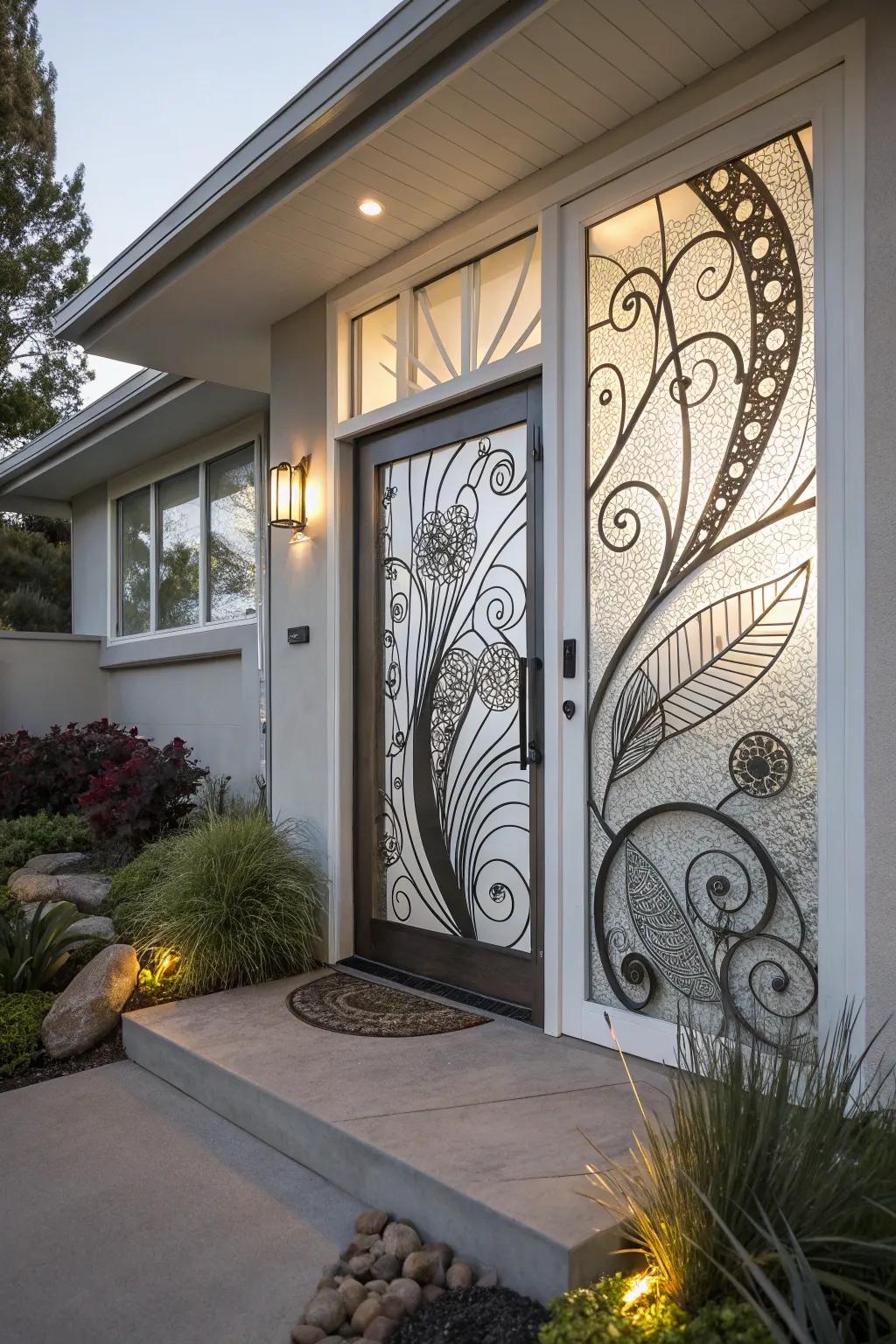 A front door showcasing artistic glass patterns for a creative entrance.