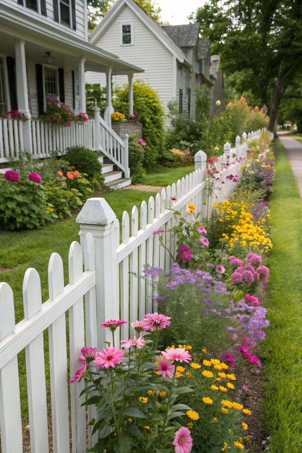 A timeless white picket fence complements a colorful front garden.