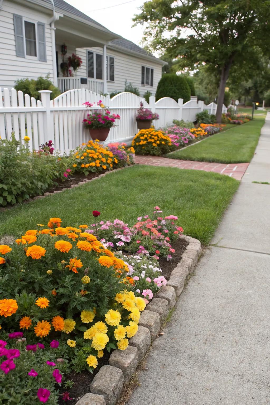 A vibrant mix of marigolds and petunias brightens up any front garden.