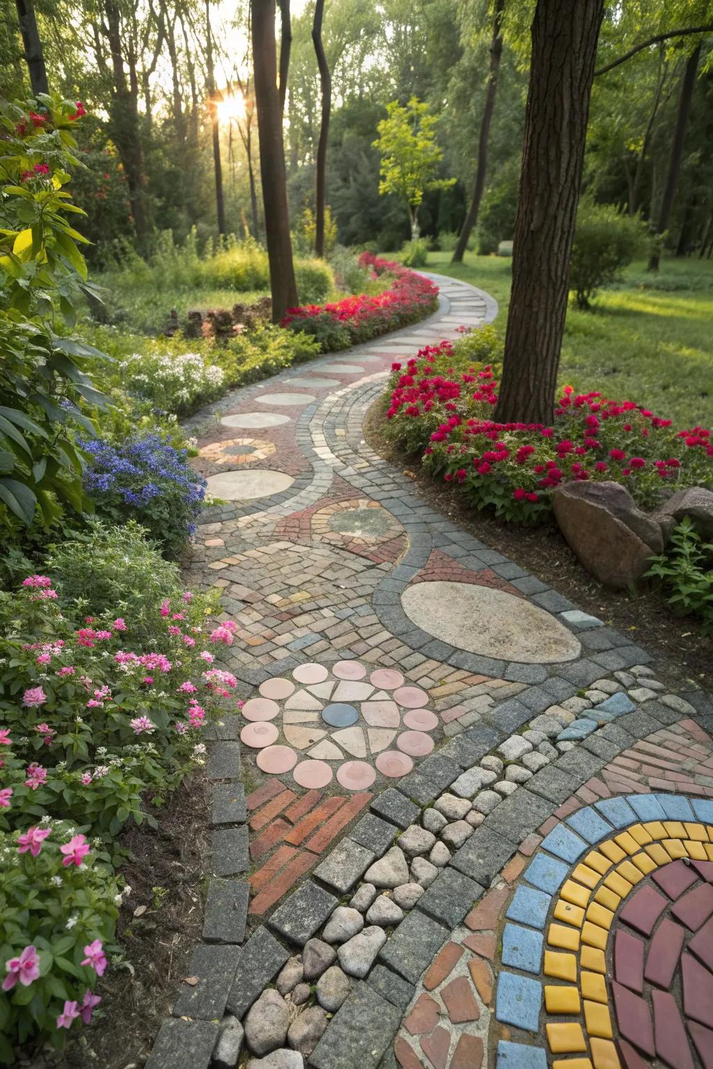 A beautifully crafted stone and paver path, showcasing an artistic mosaic pattern.