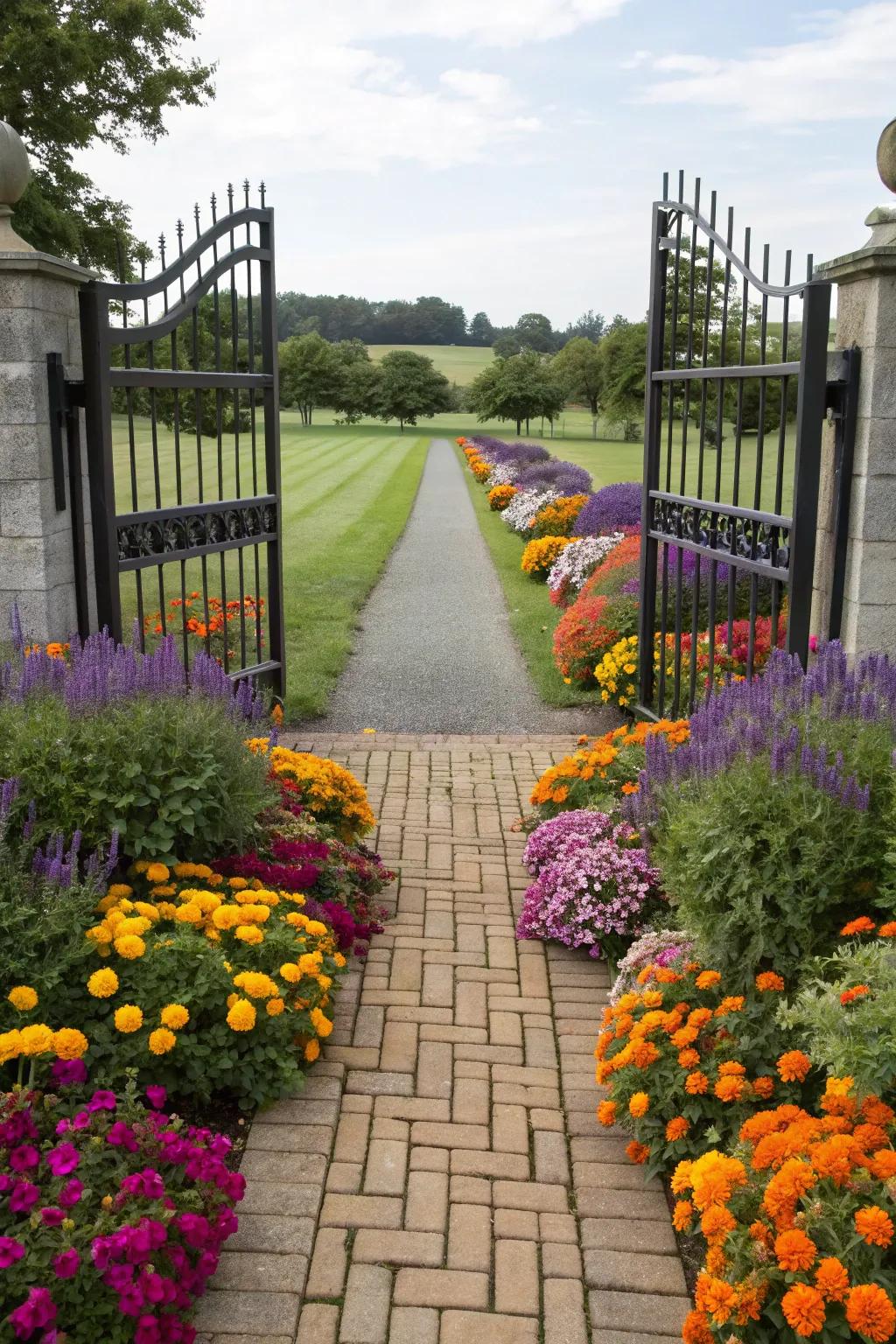 A front gate beautifully adorned with colorful flower beds.