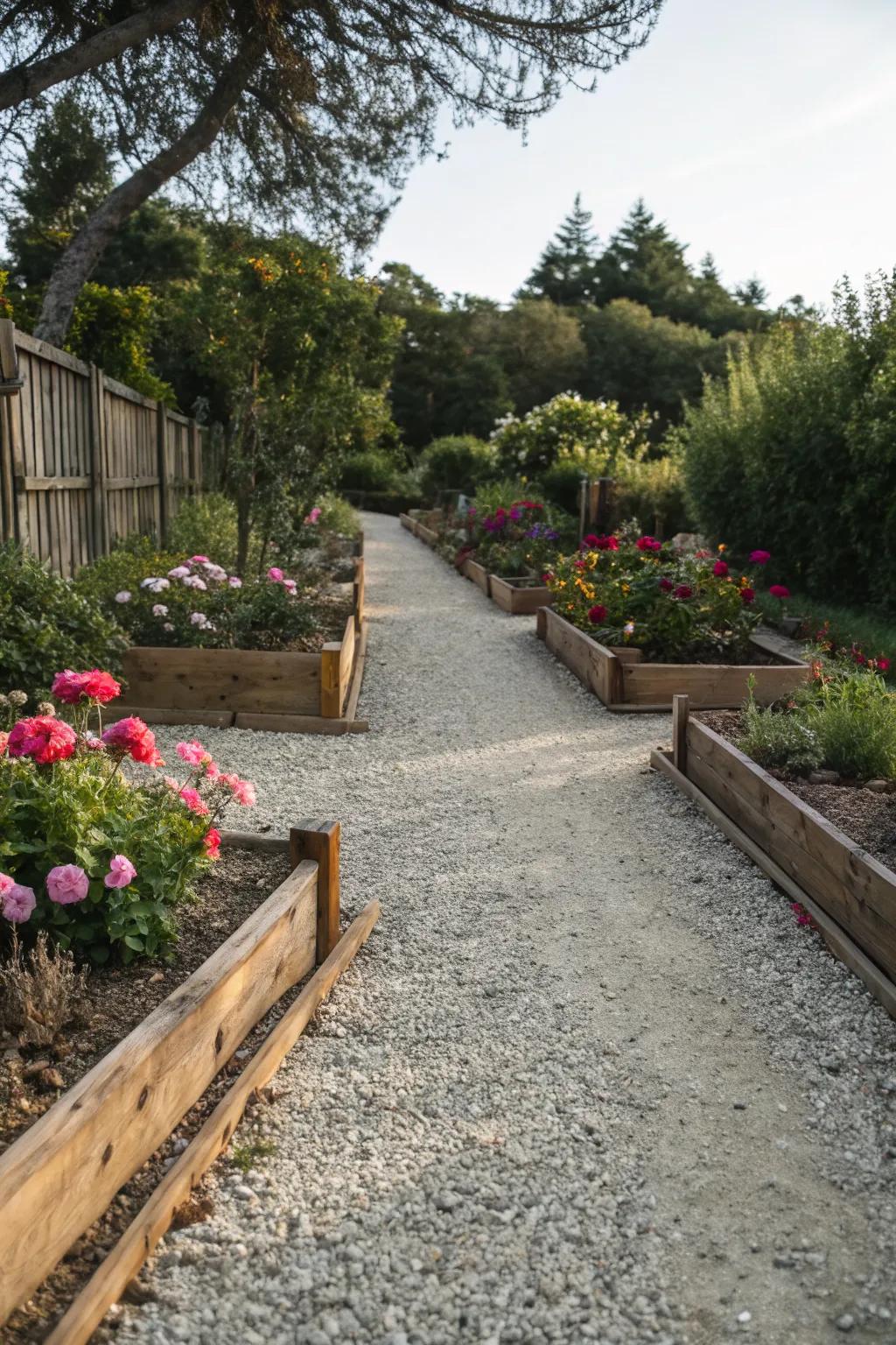 A rustic gravel driveway surrounded by nature's beauty.