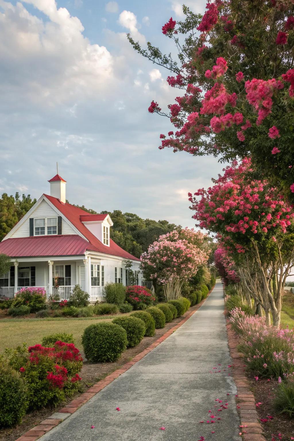 A pathway bordered with colorful crepe myrtles creates a striking entrance.