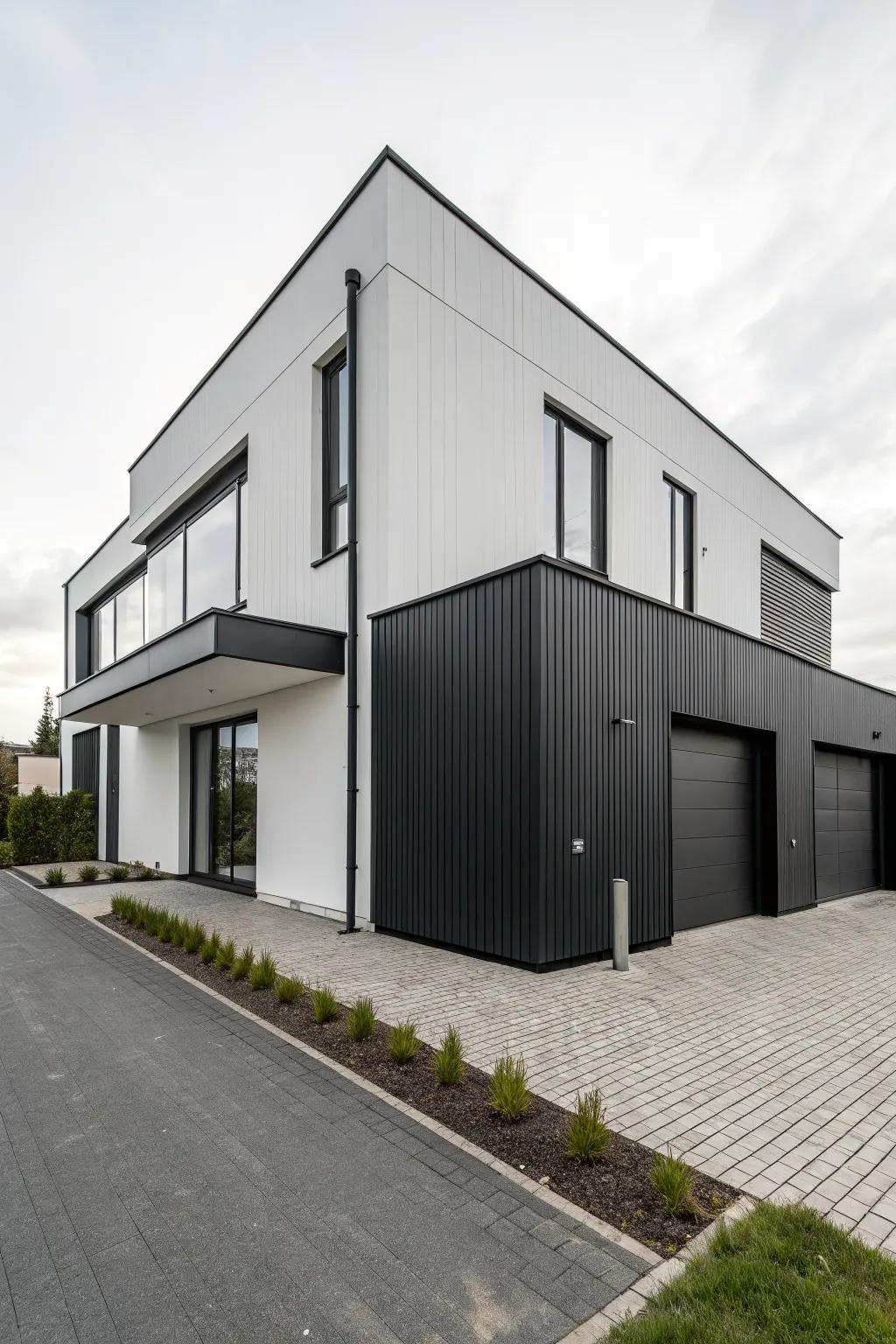 A minimalist modern house with sleek, monochrome cladding.