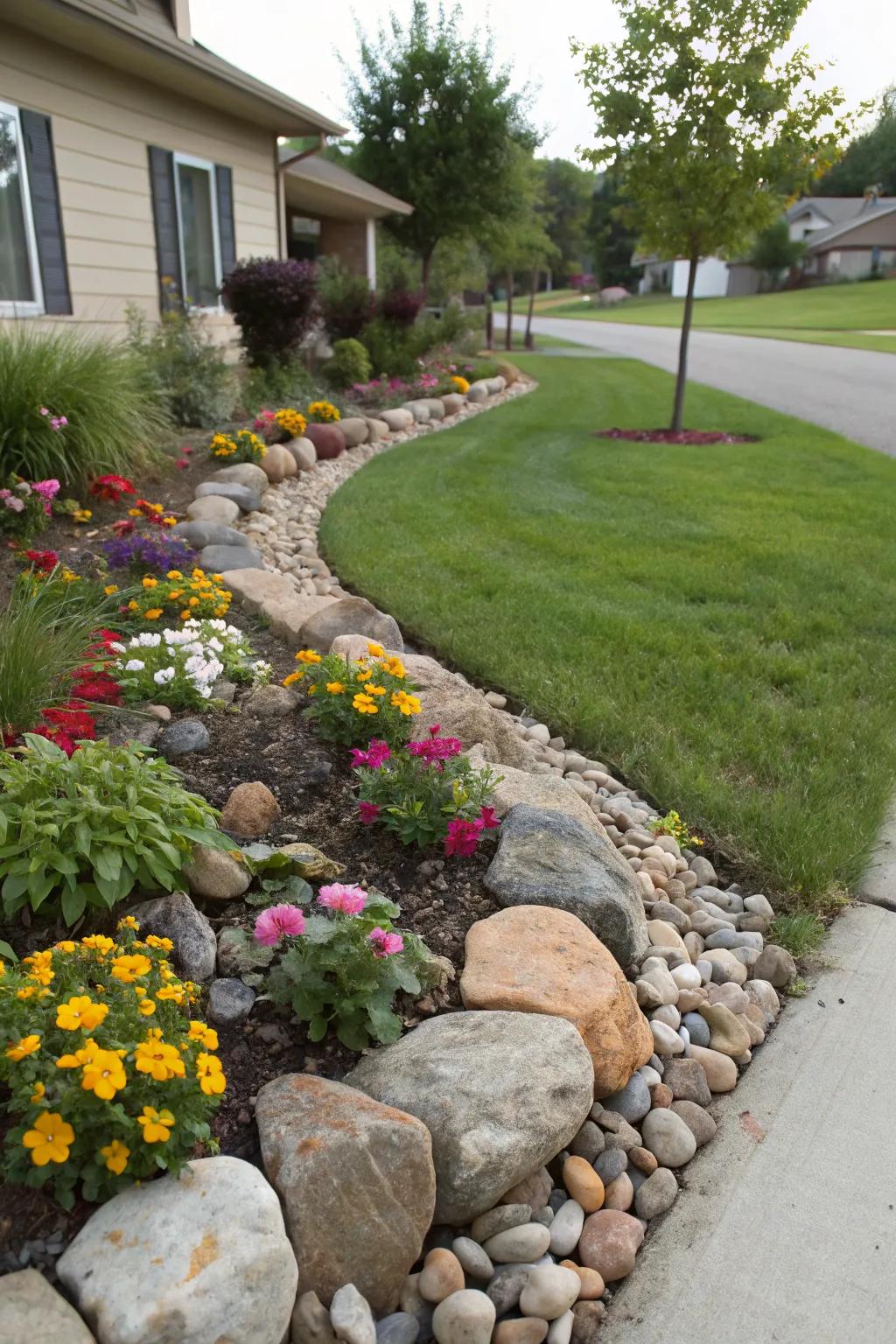 Clean rock borders create a polished look for this residential flower bed.