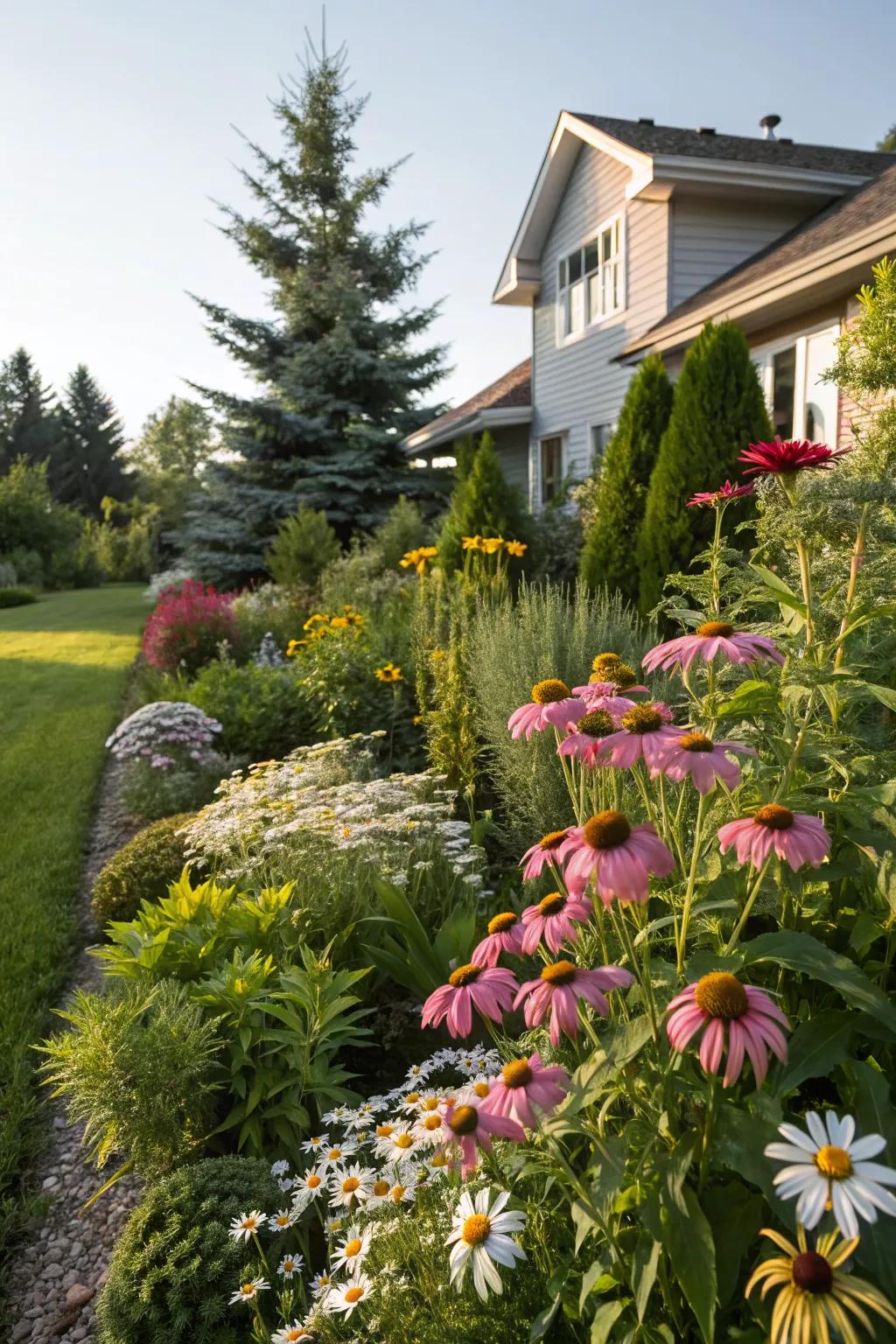 A front yard garden bursting with lush greenery and colorful flowers.