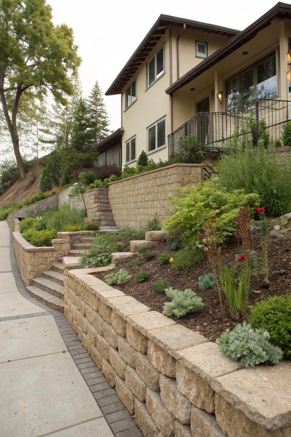 A retaining wall that embraces the natural slope of the yard.
