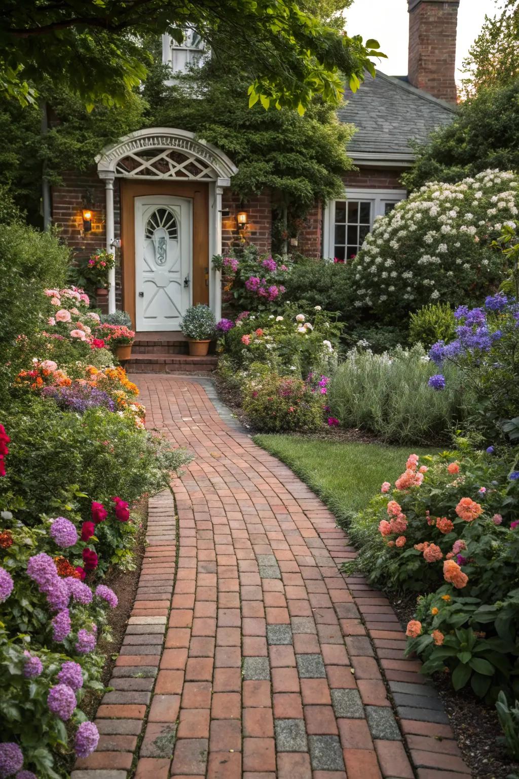 A classic brick pathway exuding timeless charm.