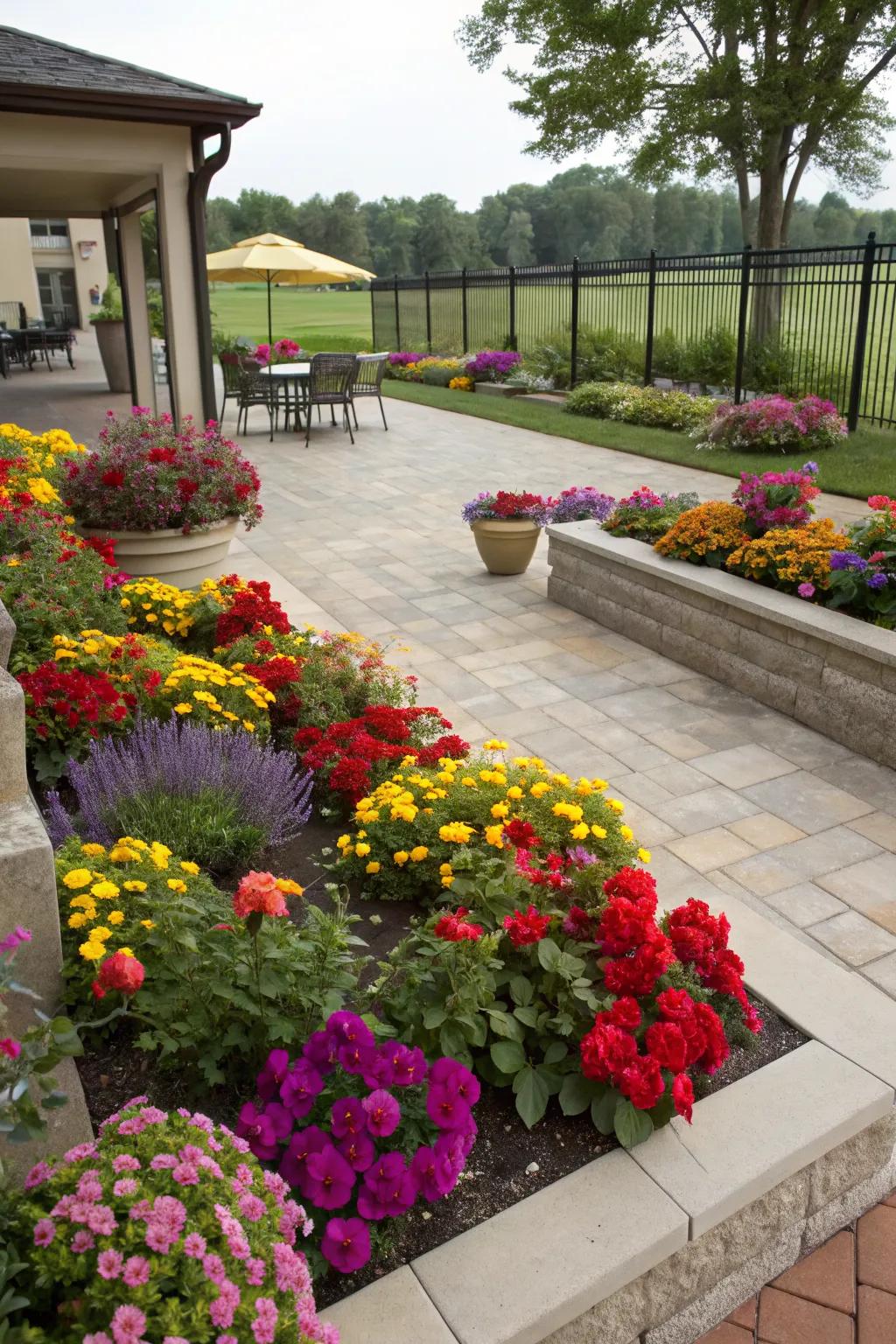 Brighten your front patio with a splash of colorful flowers and shrubs.