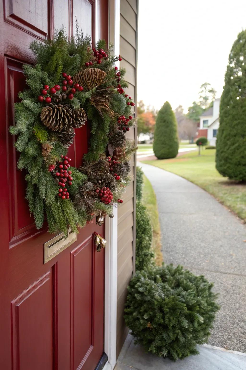 A pinecone and berry wreath adds a natural touch to the front door.