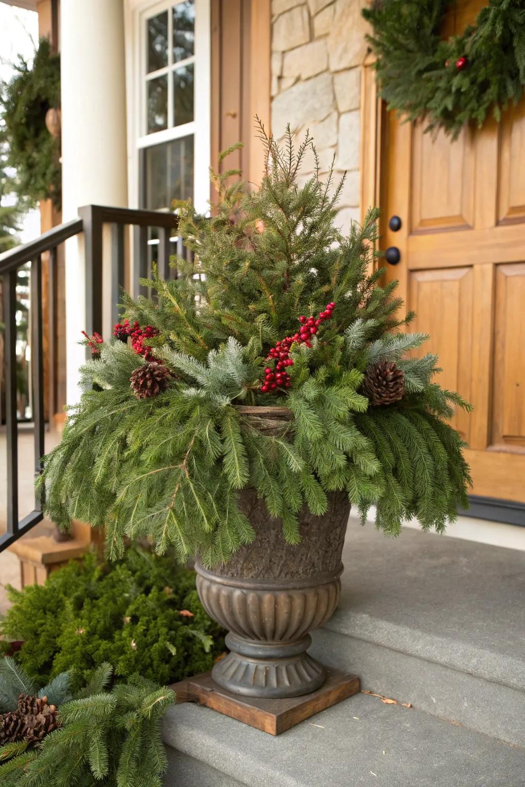 A lush display of evergreen foliage brings the holiday spirit to your porch.