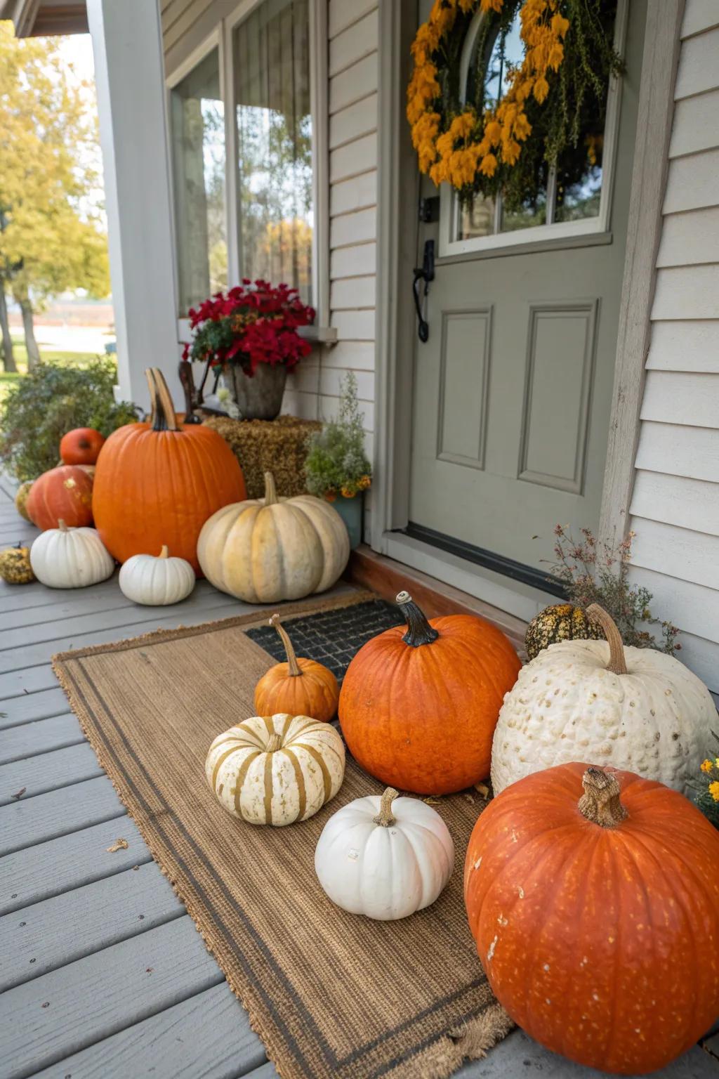 A colorful array of pumpkins creating a festive fall atmosphere.