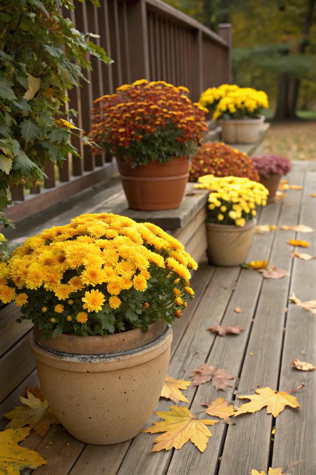 Brighten your porch with classic mums in warm fall colors.