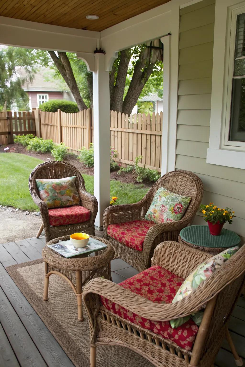 A cozy seating nook with wicker chairs and vibrant cushions sets the stage for relaxation.