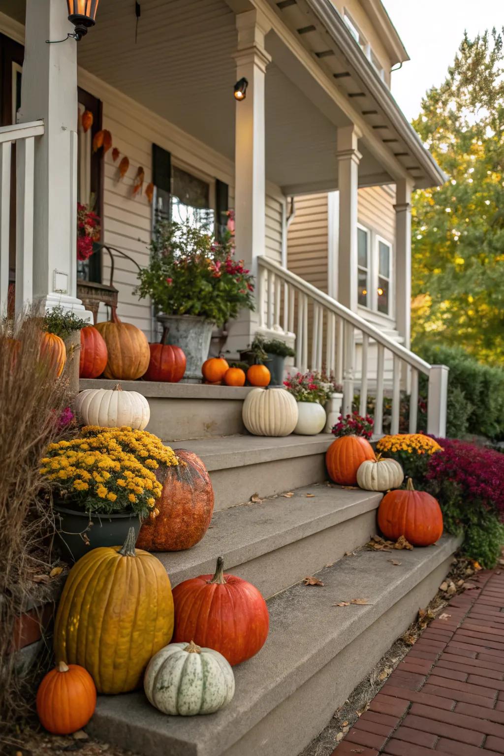 A delightful array of pumpkins brings autumn charm to any front porch.