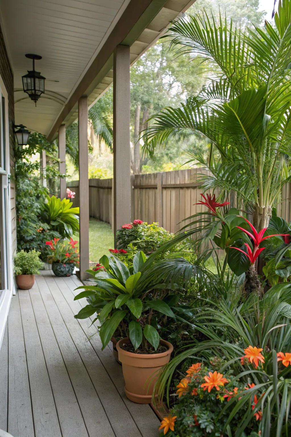 A lush tropical plant arrangement brings the essence of Florida to your porch.