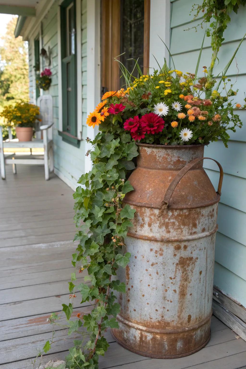 A vintage milk can filled with colorful blooms adds charm to any porch.