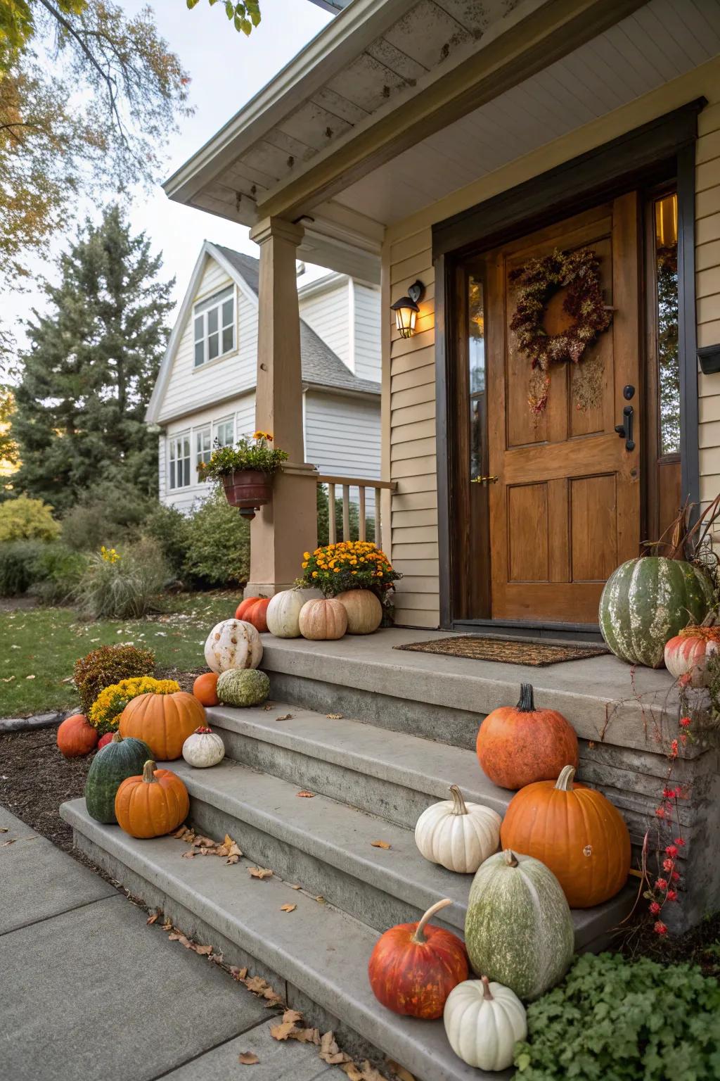 A colorful array of pumpkins brings a festive fall spirit to the porch.