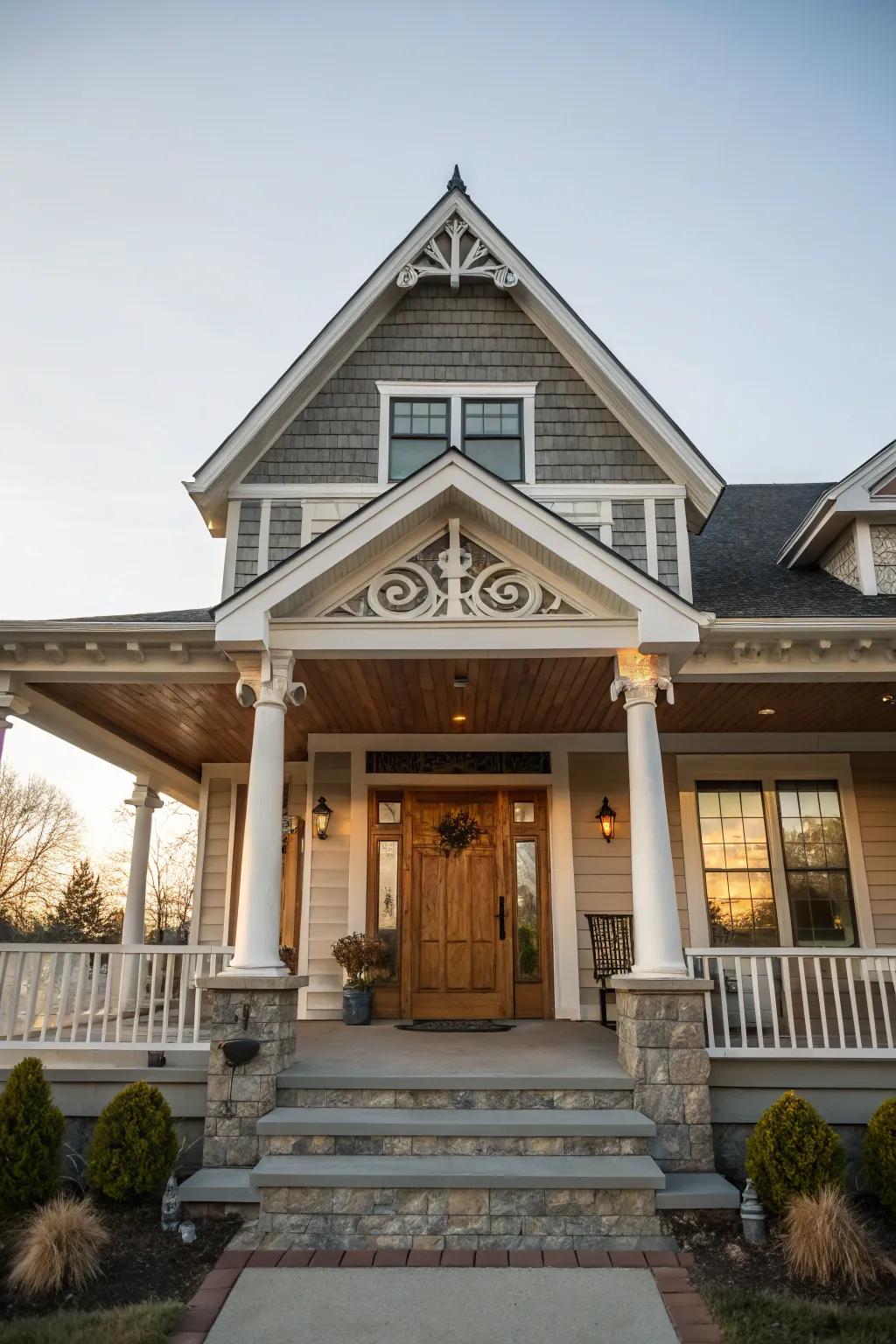 A front porch enhanced with a dramatic gable roof.