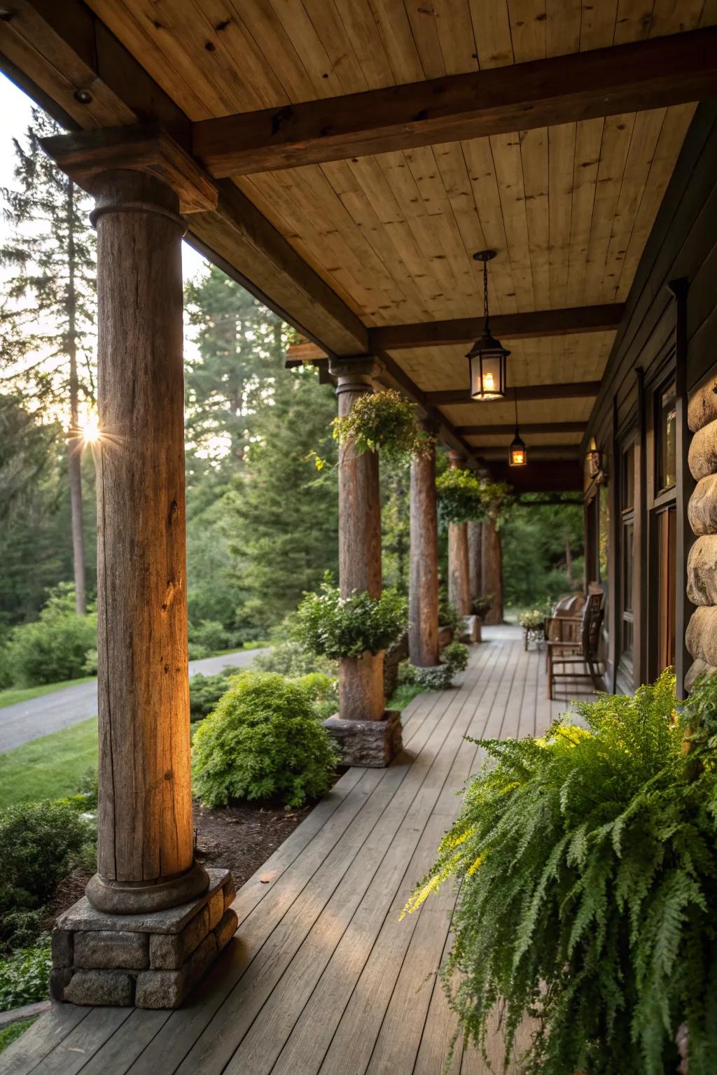 Rustic wooden pillars bring warmth and character to your entrance.