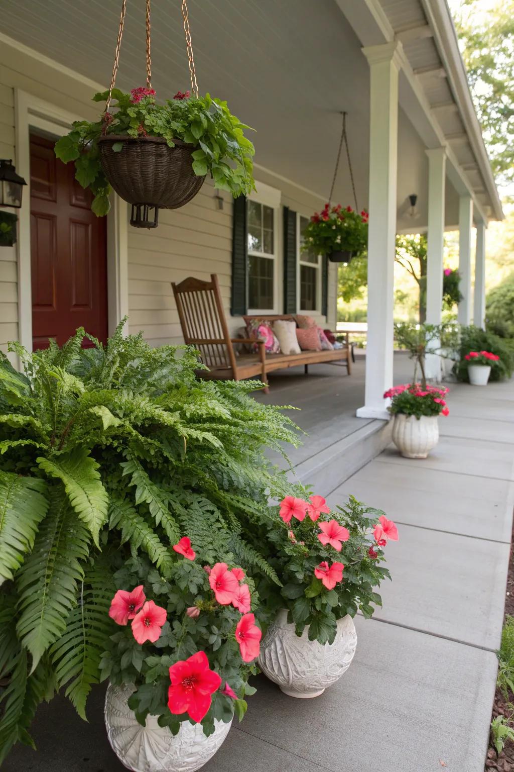 Bright hibiscus paired with lush green ferns create a bold statement.
