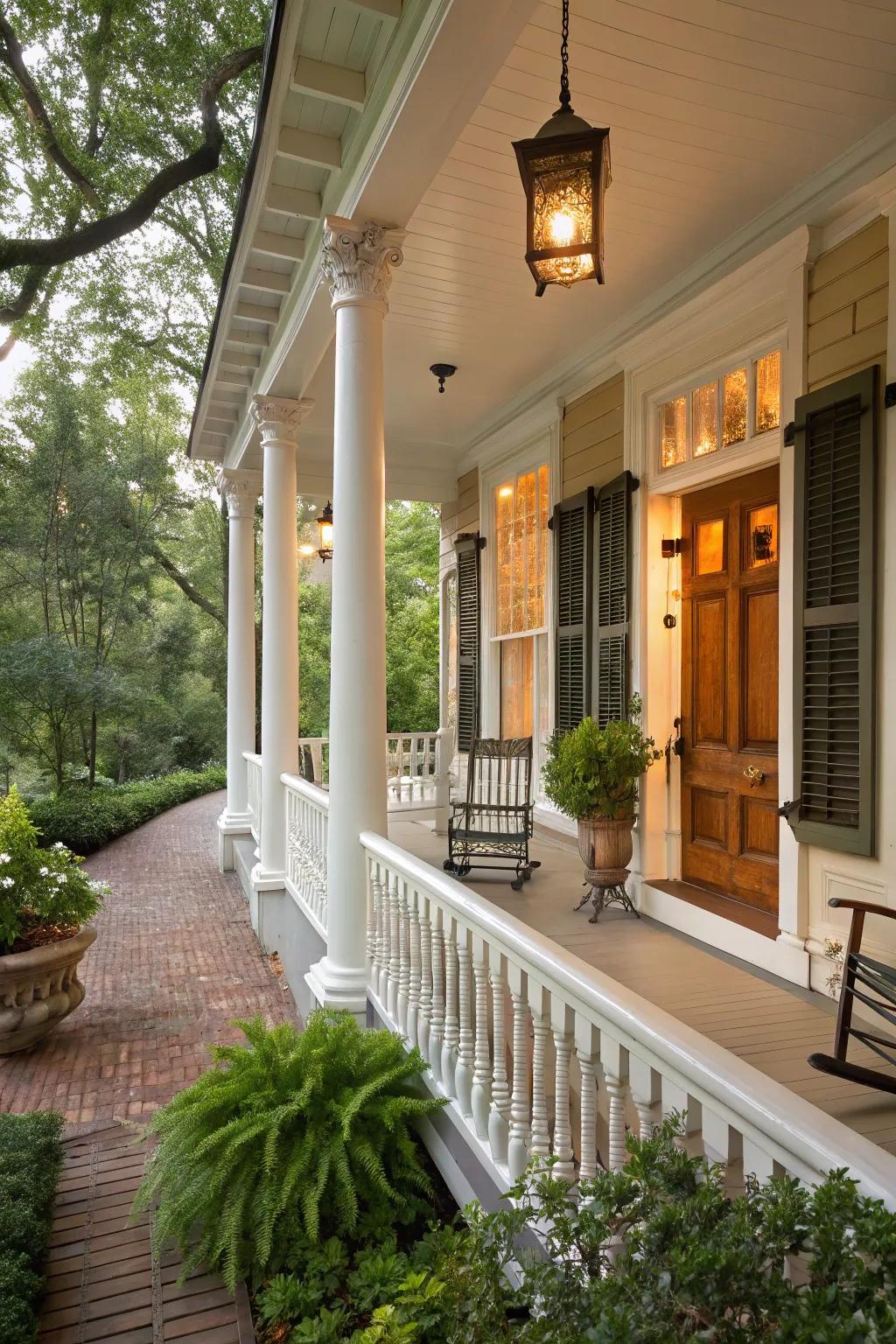 A classic white post porch, exuding timeless elegance and charm.
