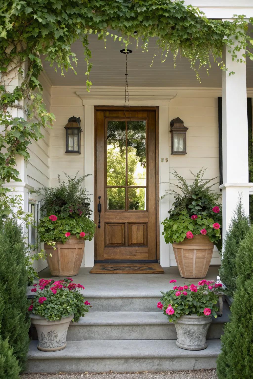Symmetrical potted plants frame a welcoming entrance.