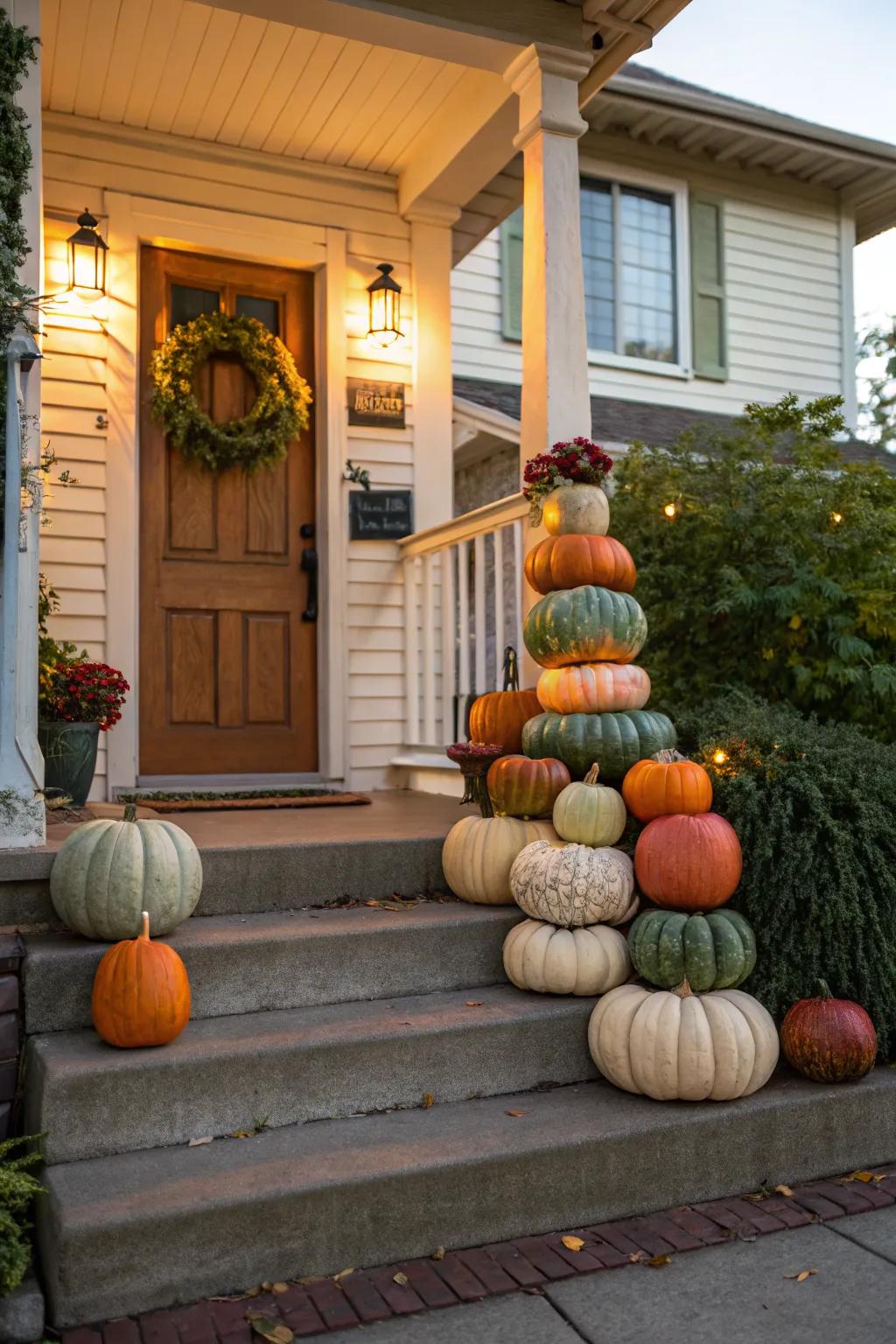 A pumpkin tower adds dimension and charm to any fall porch.