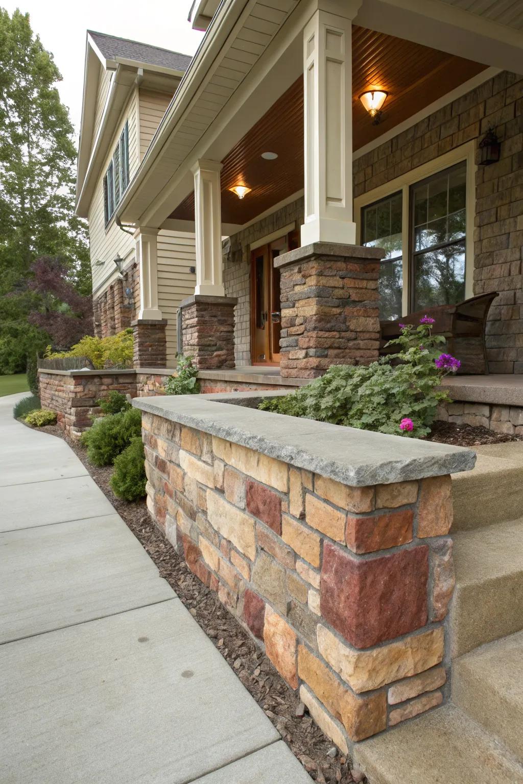 A retaining wall showcasing a diverse blend of materials for a unique look.